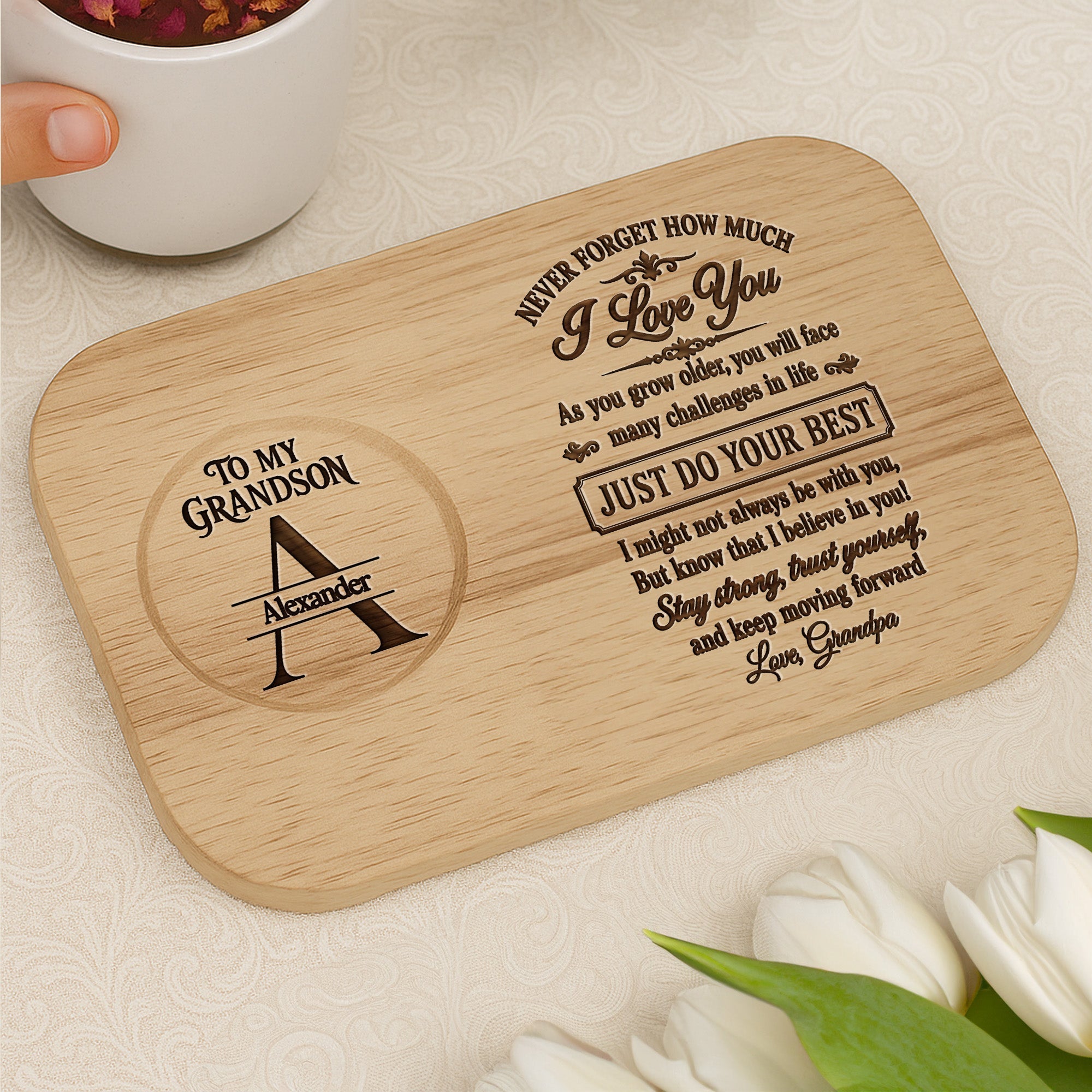 Personalized Engraved Serving Board with Cup Holder for Grandson