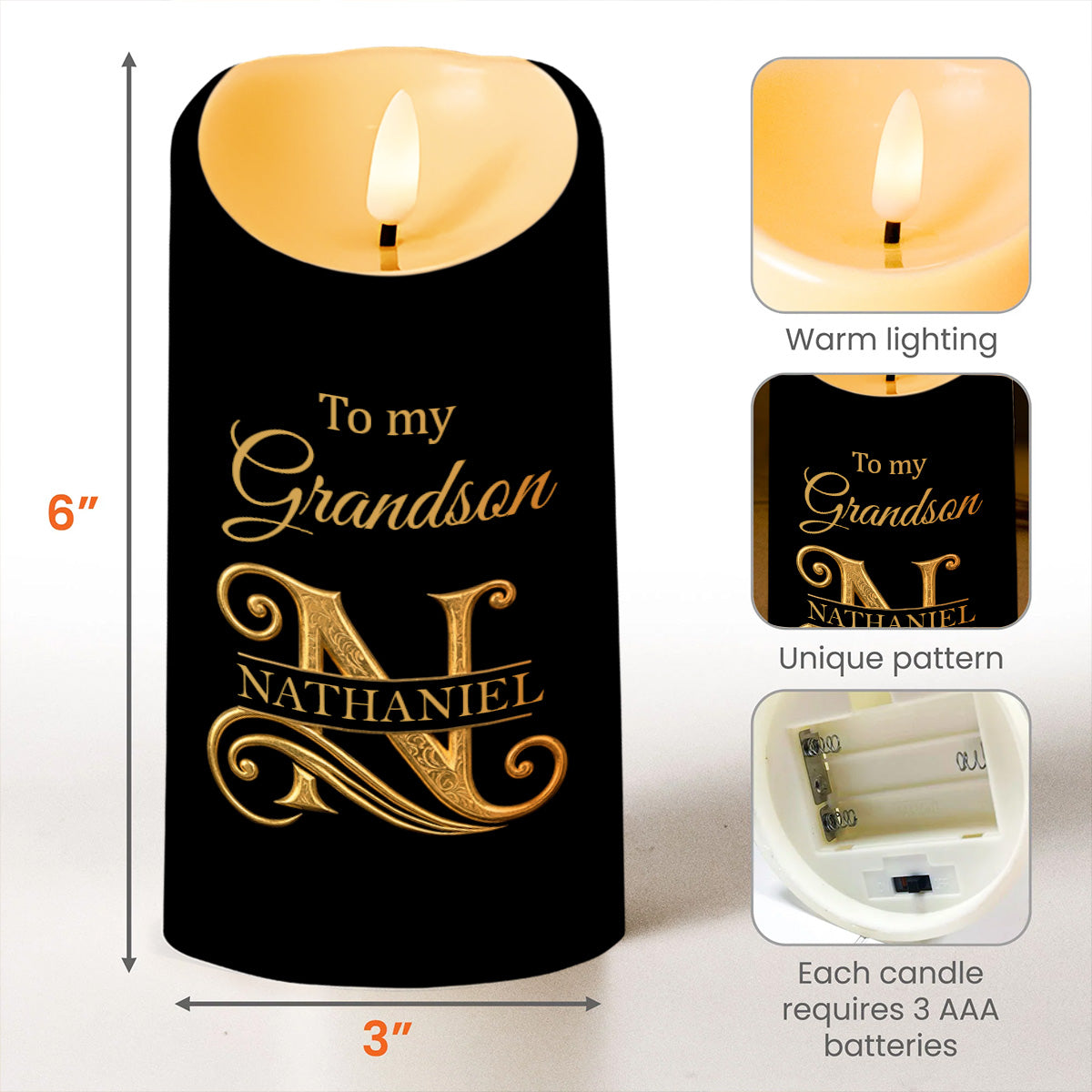 Personalized LED Candle with Initial Name for Grandson Gift