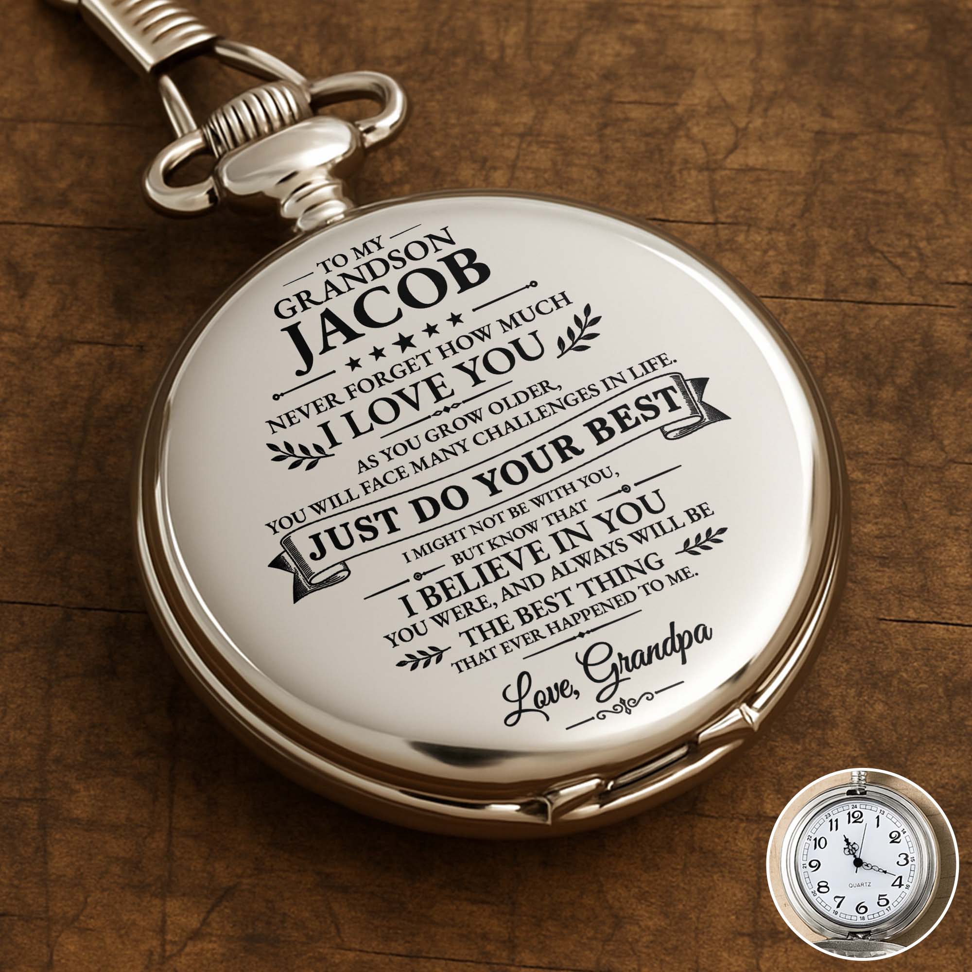 Personalized Silver-Plated Pocket Watch for Grandson Gift