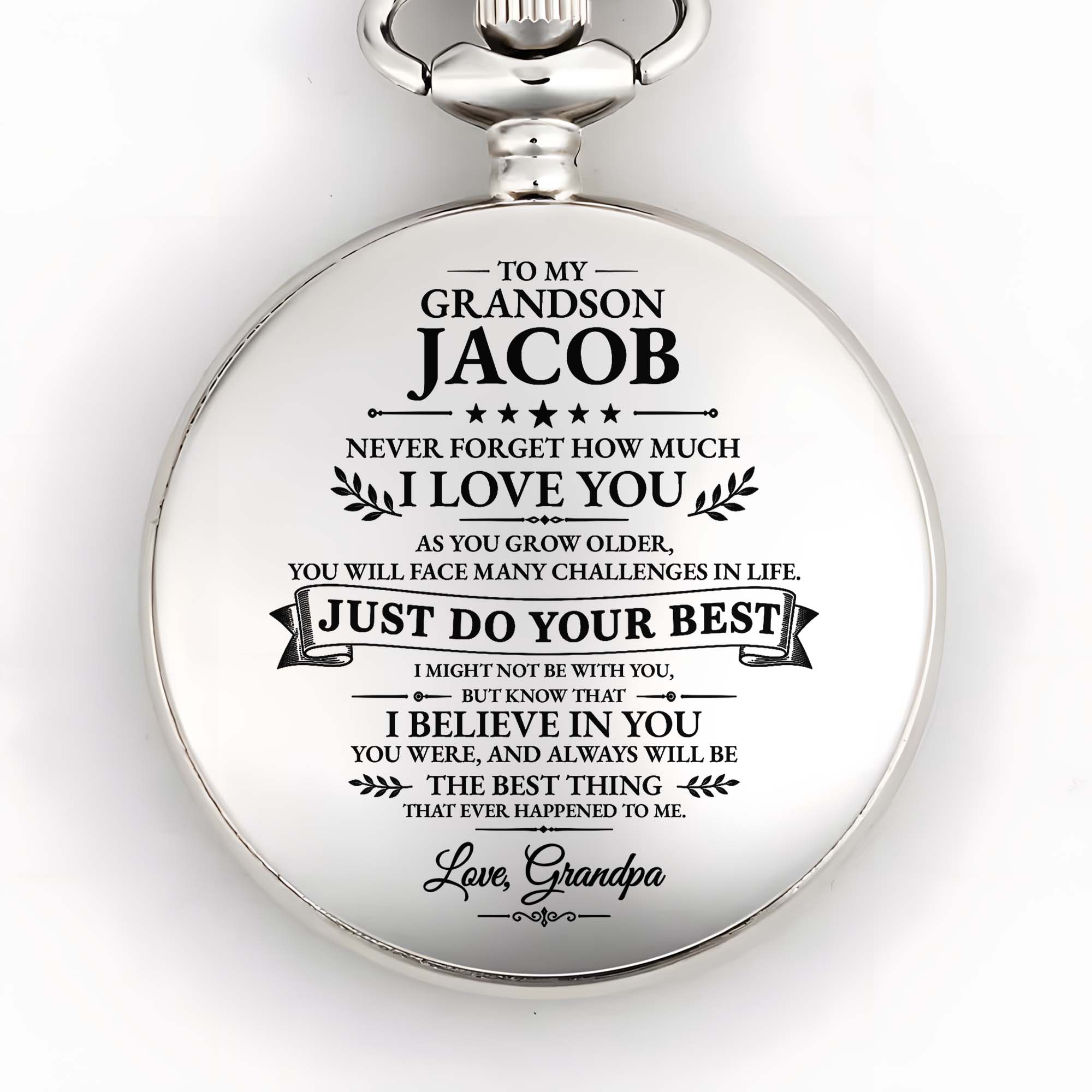 Personalized Silver-Plated Pocket Watch for Grandson Gift