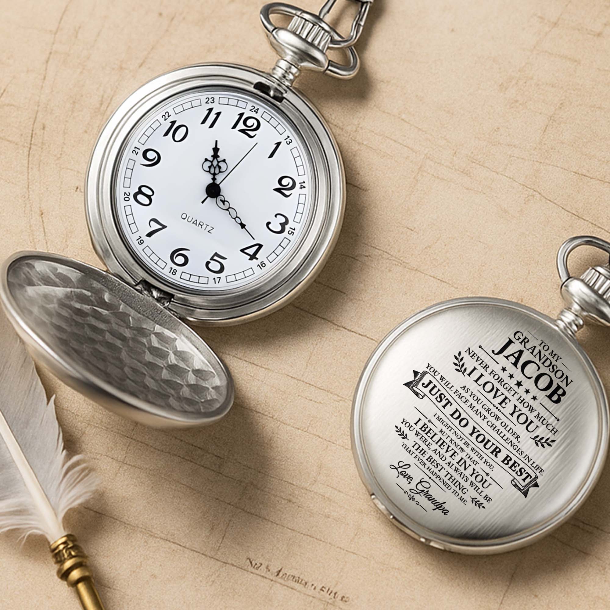 Personalized Silver-Plated Pocket Watch for Grandson Gift
