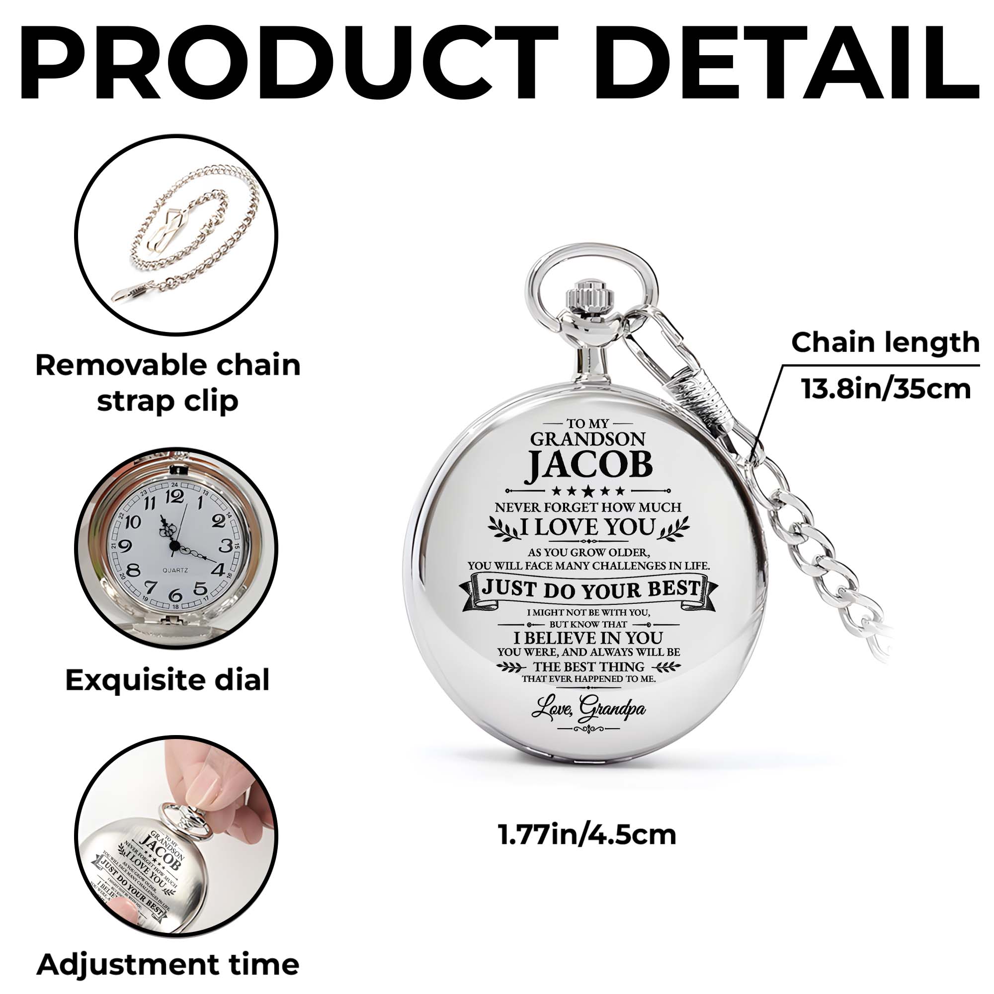 Personalized Silver-Plated Pocket Watch for Grandson Gift