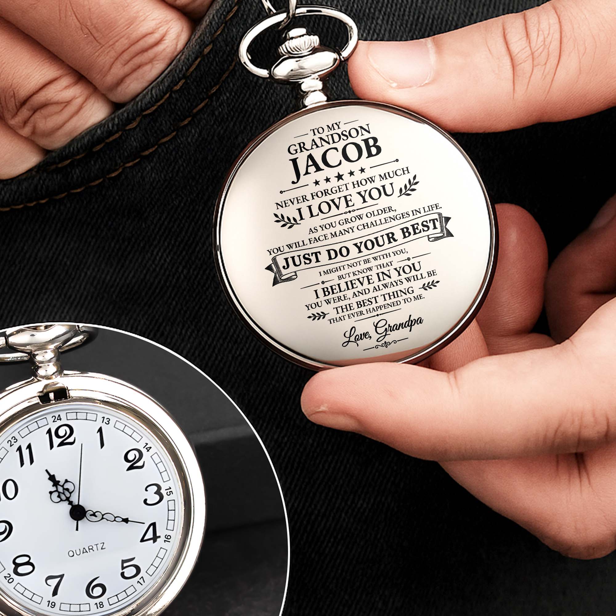 Personalized Silver-Plated Pocket Watch for Grandson Gift