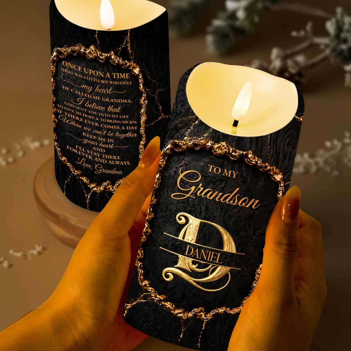 Personalized Flameless LED Candle Custom Golden Alphabet Art Gift for Grandson