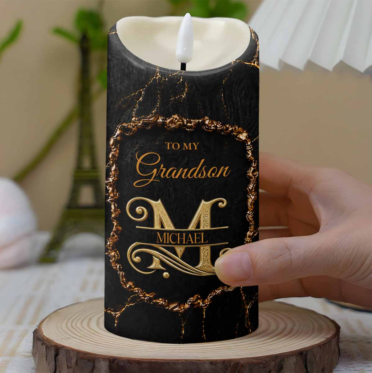Personalized Flameless LED Candle Custom Golden Alphabet Art Gift for Grandson
