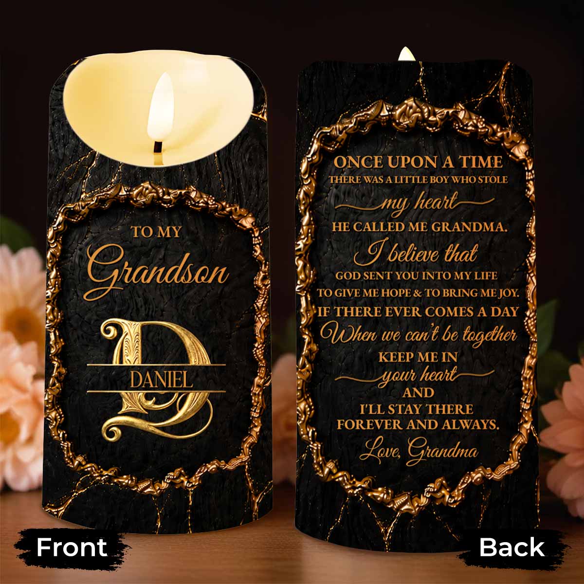 Personalized Flameless LED Candle Custom Golden Alphabet Art Gift for Grandson
