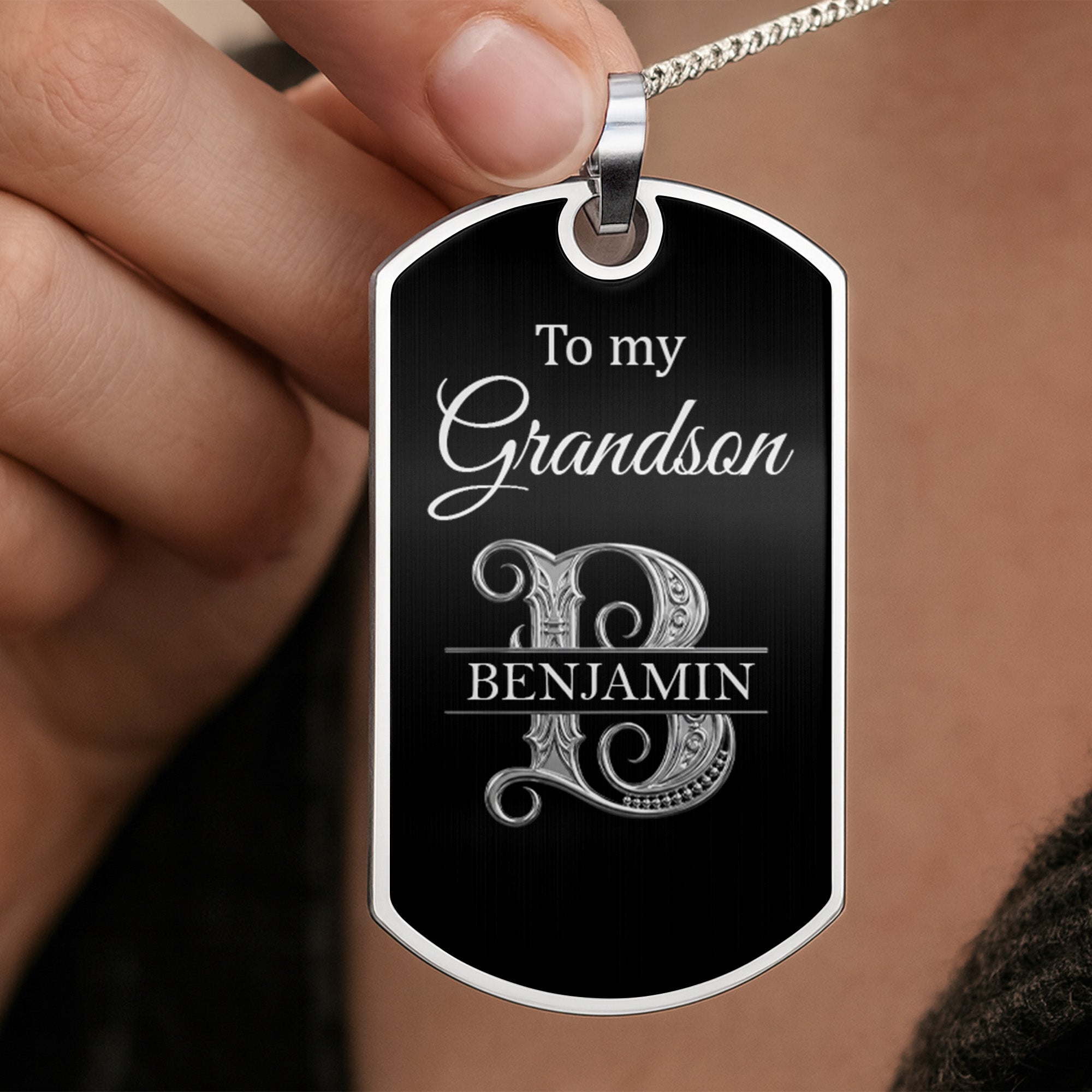 Custom Name Silver Dog Tag Necklace Personalized for Grandson