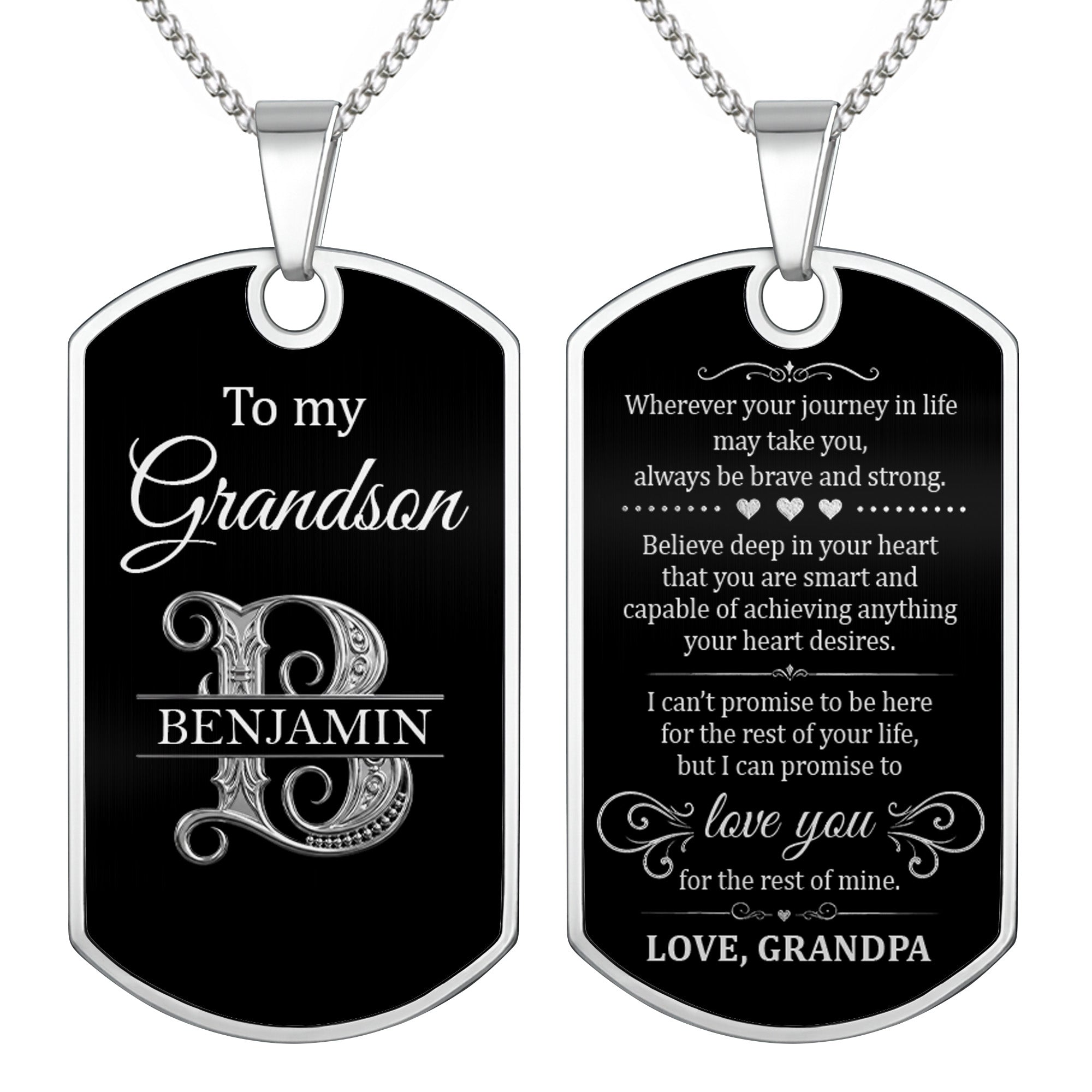 Custom Name Silver Dog Tag Necklace Personalized for Grandson