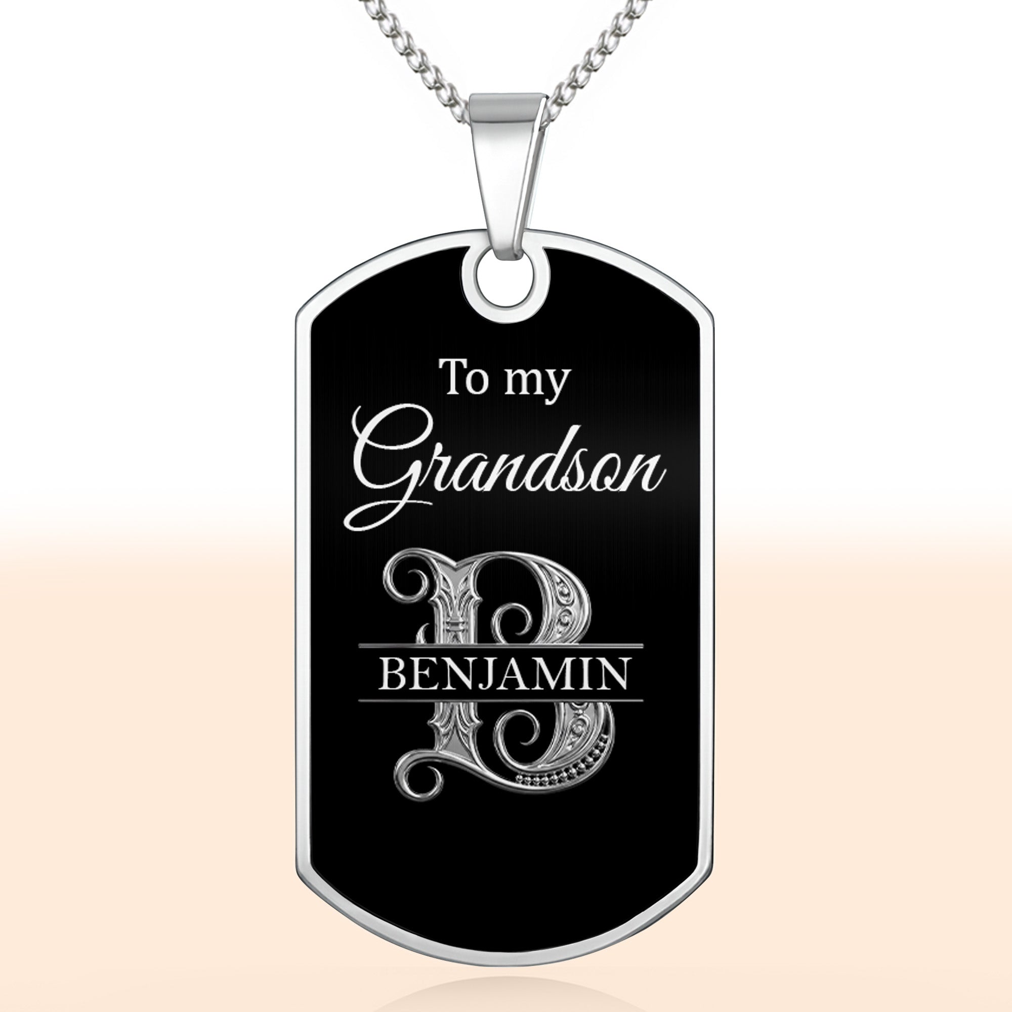 Custom Name Silver Dog Tag Necklace Personalized for Grandson