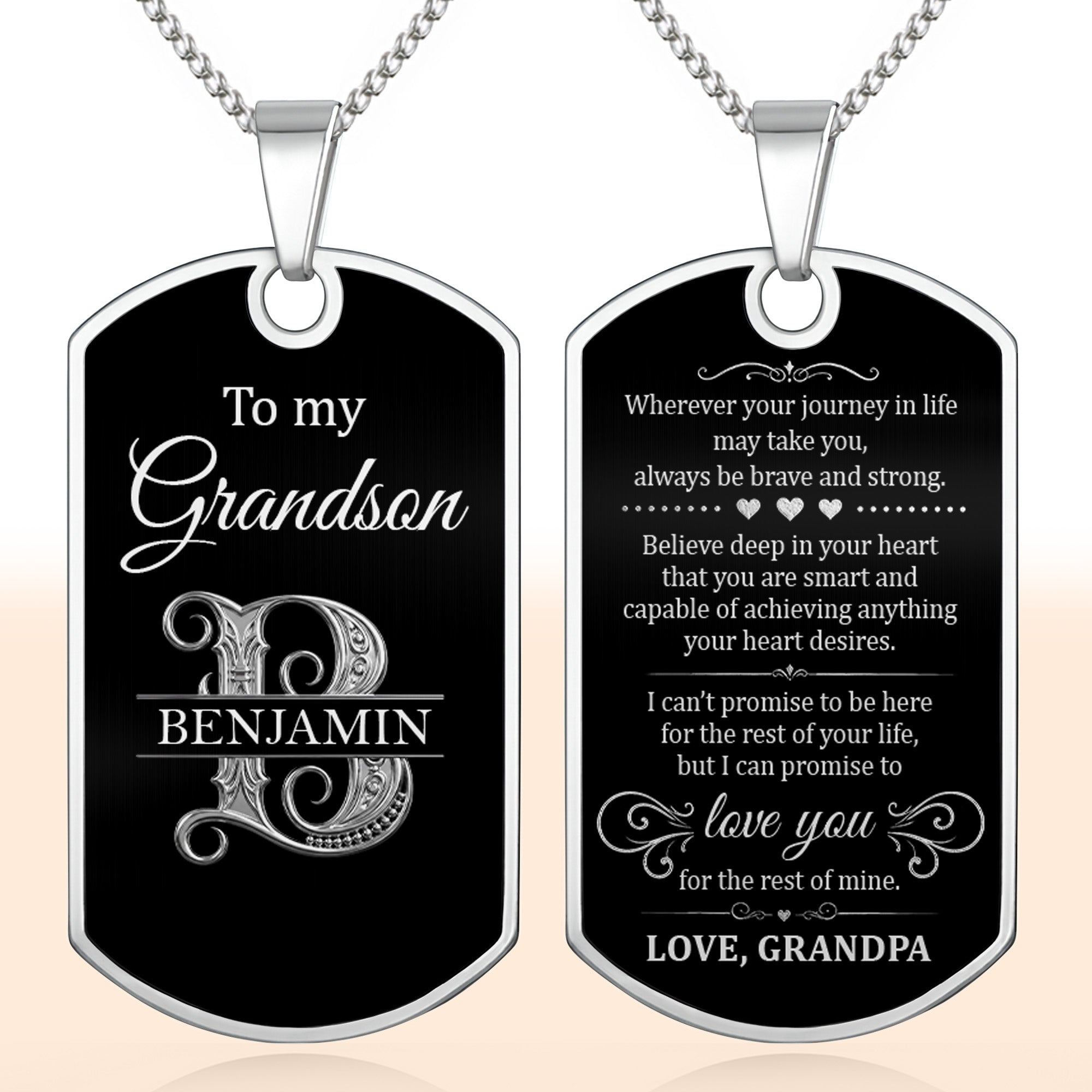 Custom Name Silver Dog Tag Necklace Personalized for Grandson