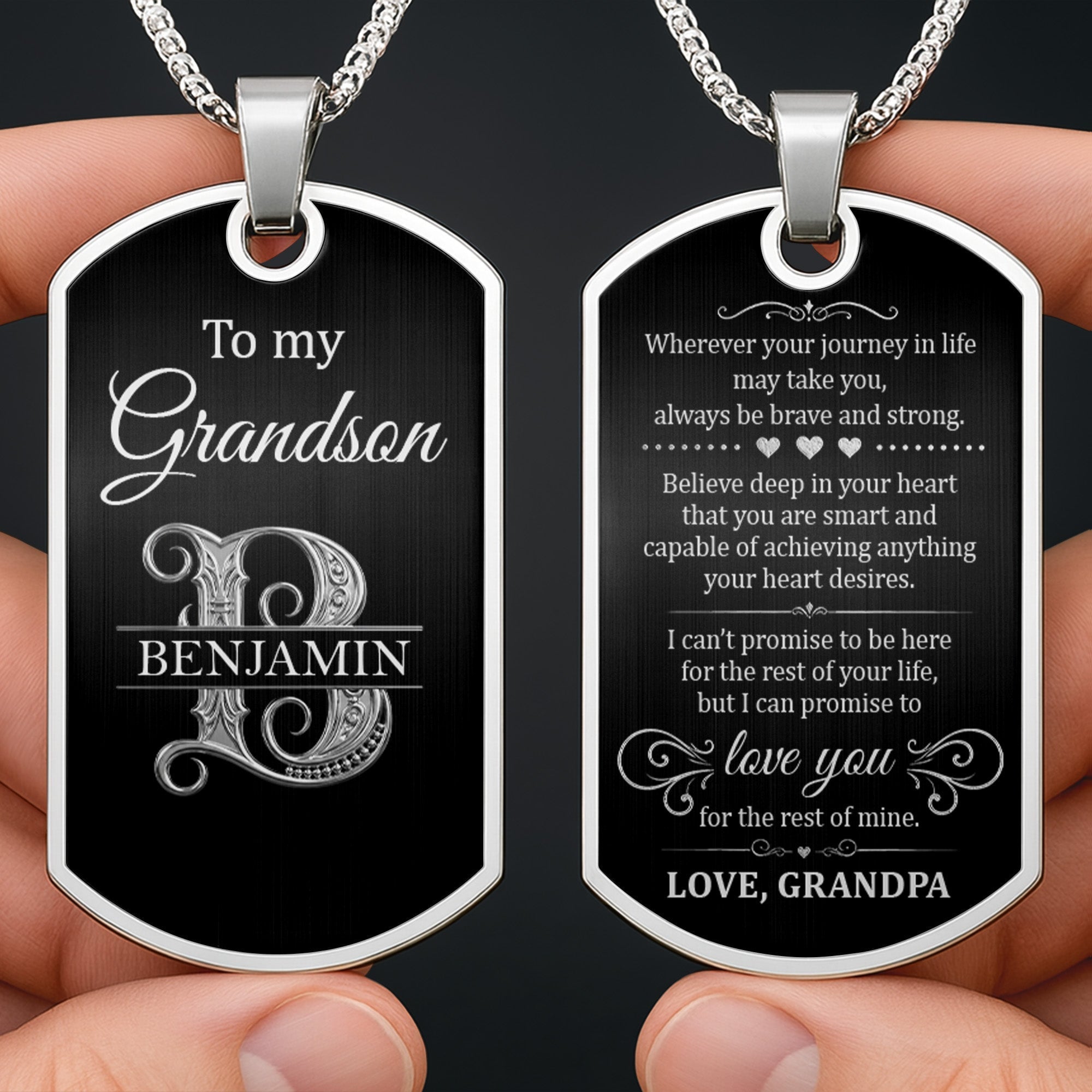 Custom Name Silver Dog Tag Necklace Personalized for Grandson