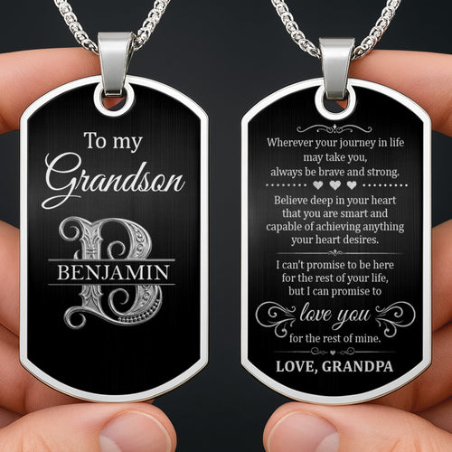 Custom Name Silver Dog Tag Necklace Personalized for Grandson