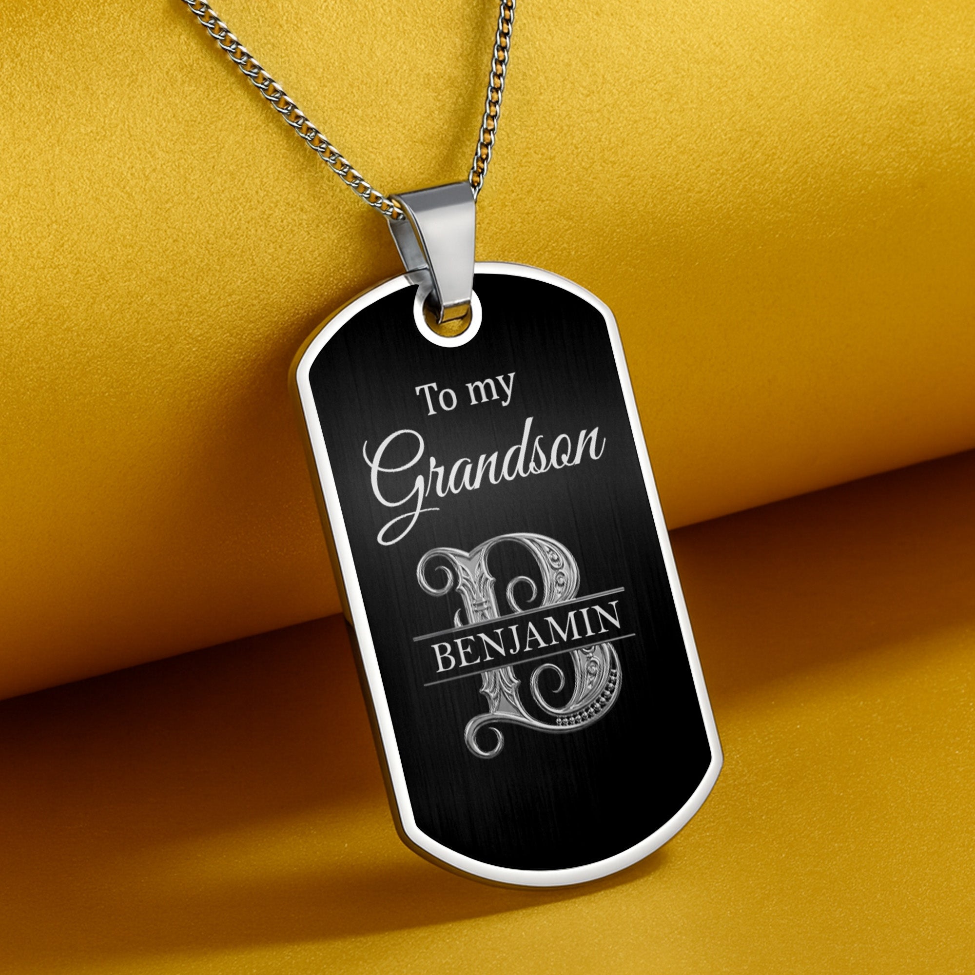 Custom Name Silver Dog Tag Necklace Personalized for Grandson