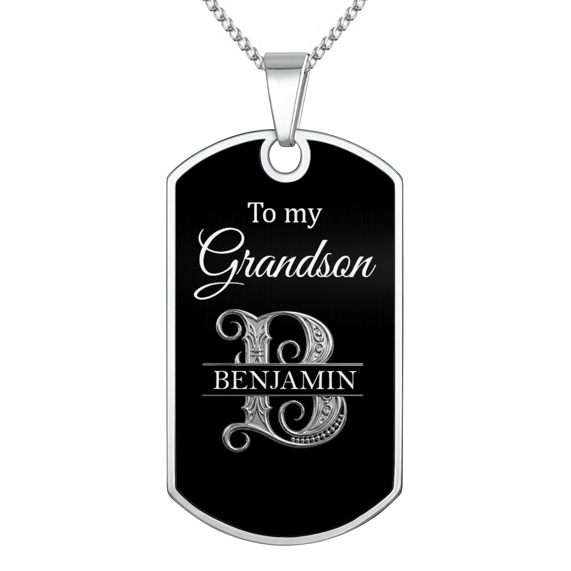 Custom Name Silver Dog Tag Necklace Personalized for Grandson