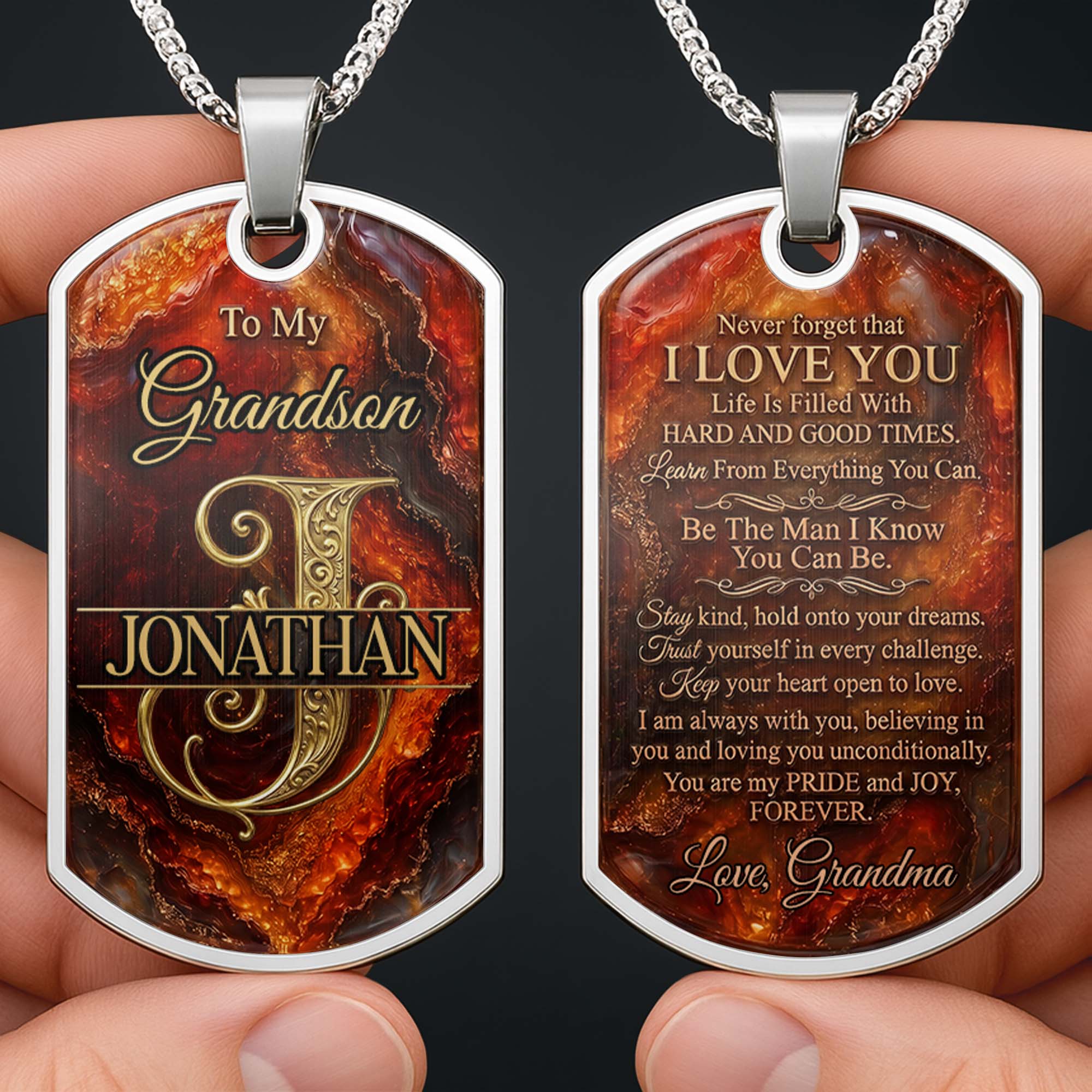 Personalized Dog Tag Necklace Custom Initial for Grandson