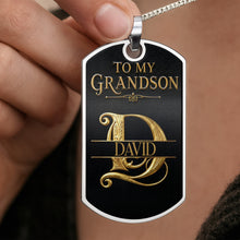 Load image into Gallery viewer, Custom Gold Letter Dog Tag Necklace Personalized for Grandson
