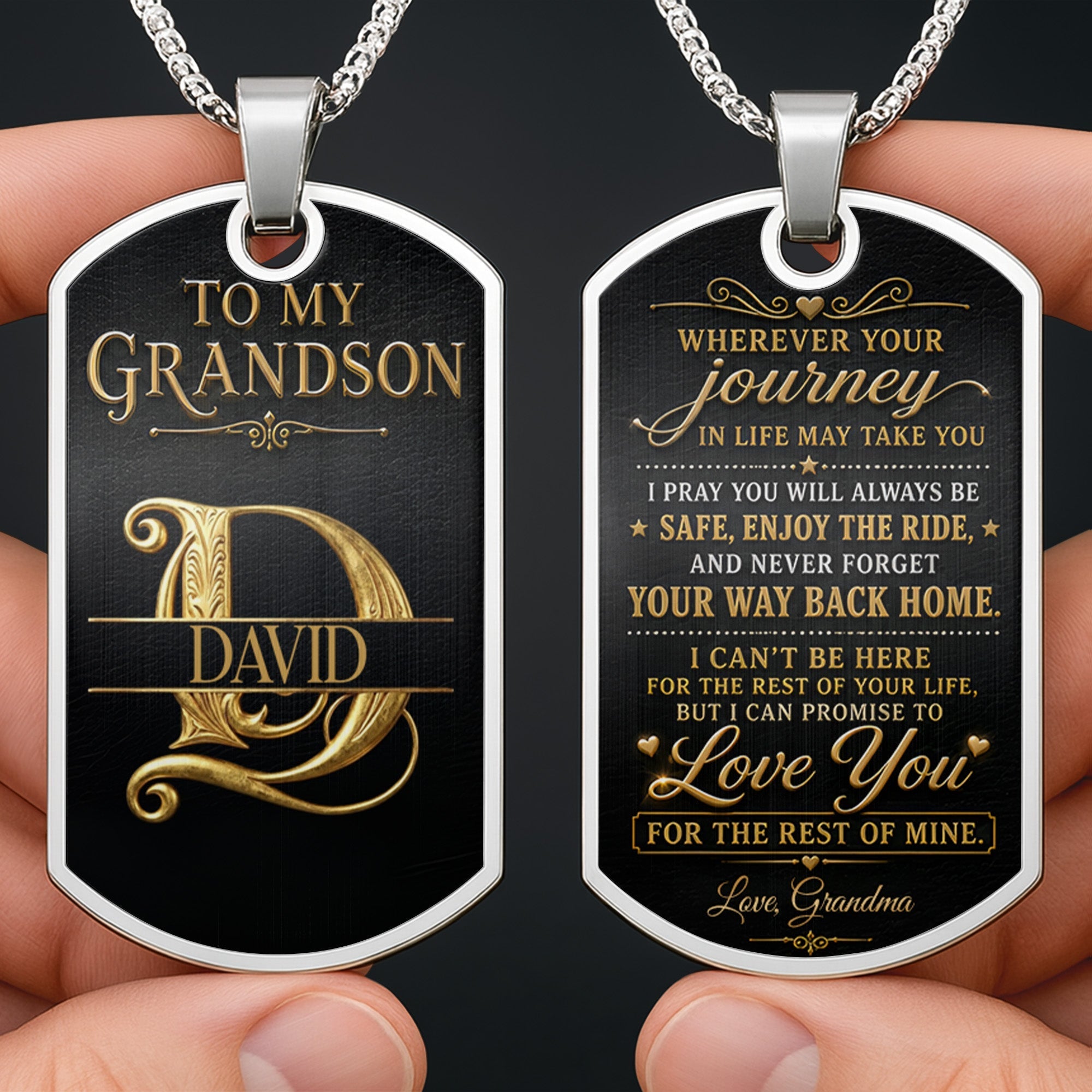 Custom Gold Letter Dog Tag Necklace Personalized for Grandson