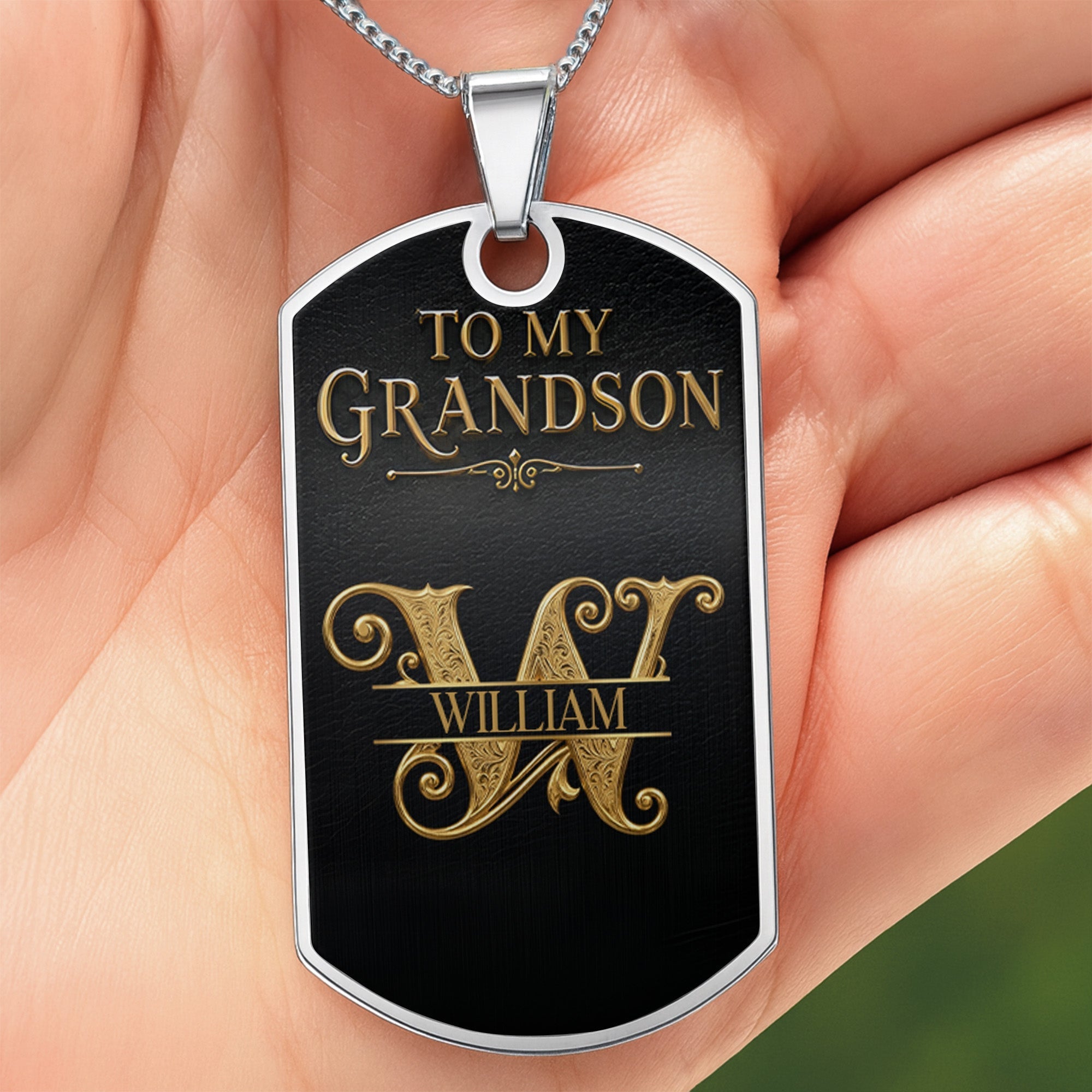 Custom Gold Letter Dog Tag Necklace Personalized for Grandson