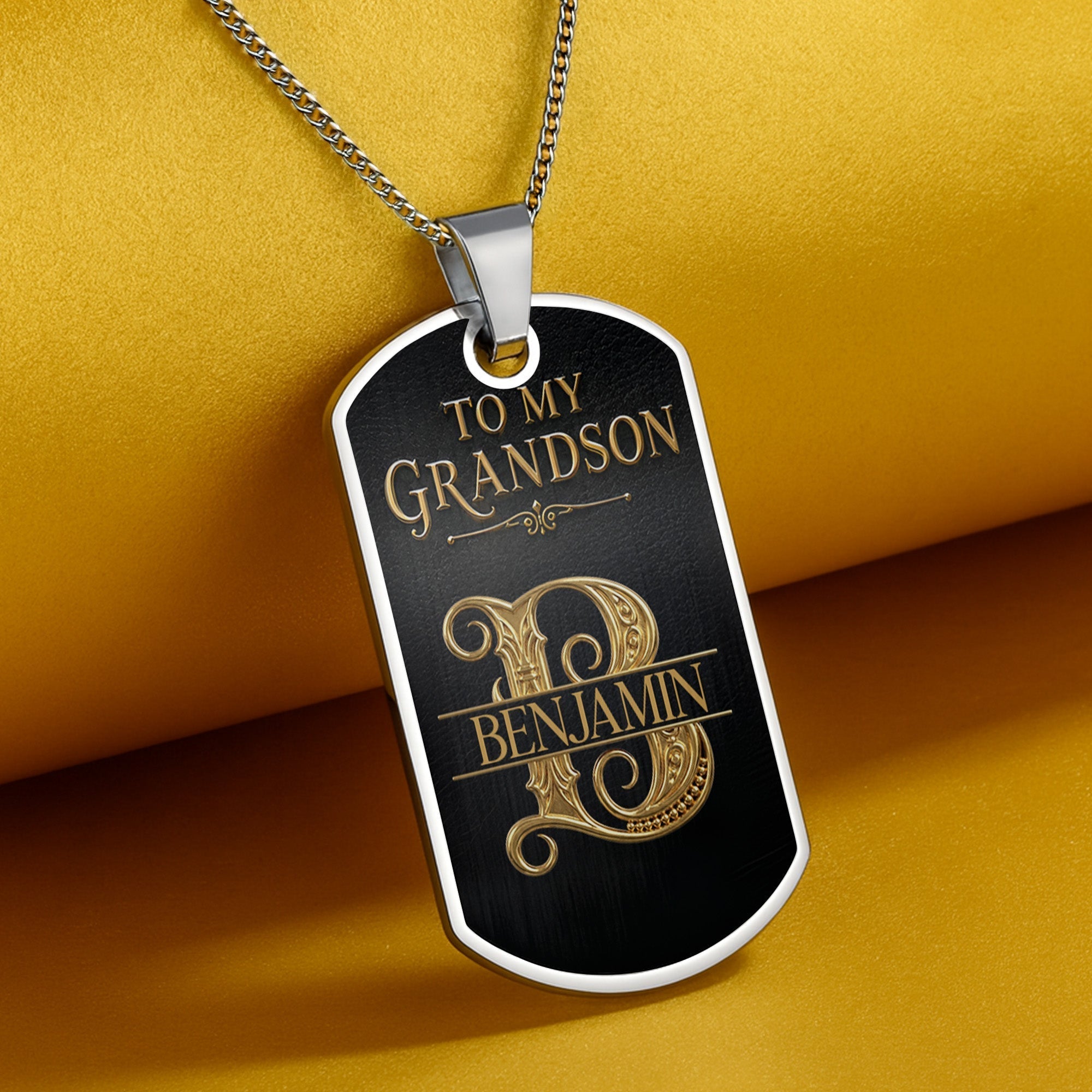 Custom Gold Letter Dog Tag Necklace Personalized for Grandson