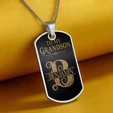 Load image into Gallery viewer, Custom Gold Letter Dog Tag Necklace Personalized for Grandson
