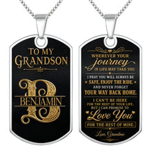 Load image into Gallery viewer, Custom Gold Letter Dog Tag Necklace Personalized for Grandson
