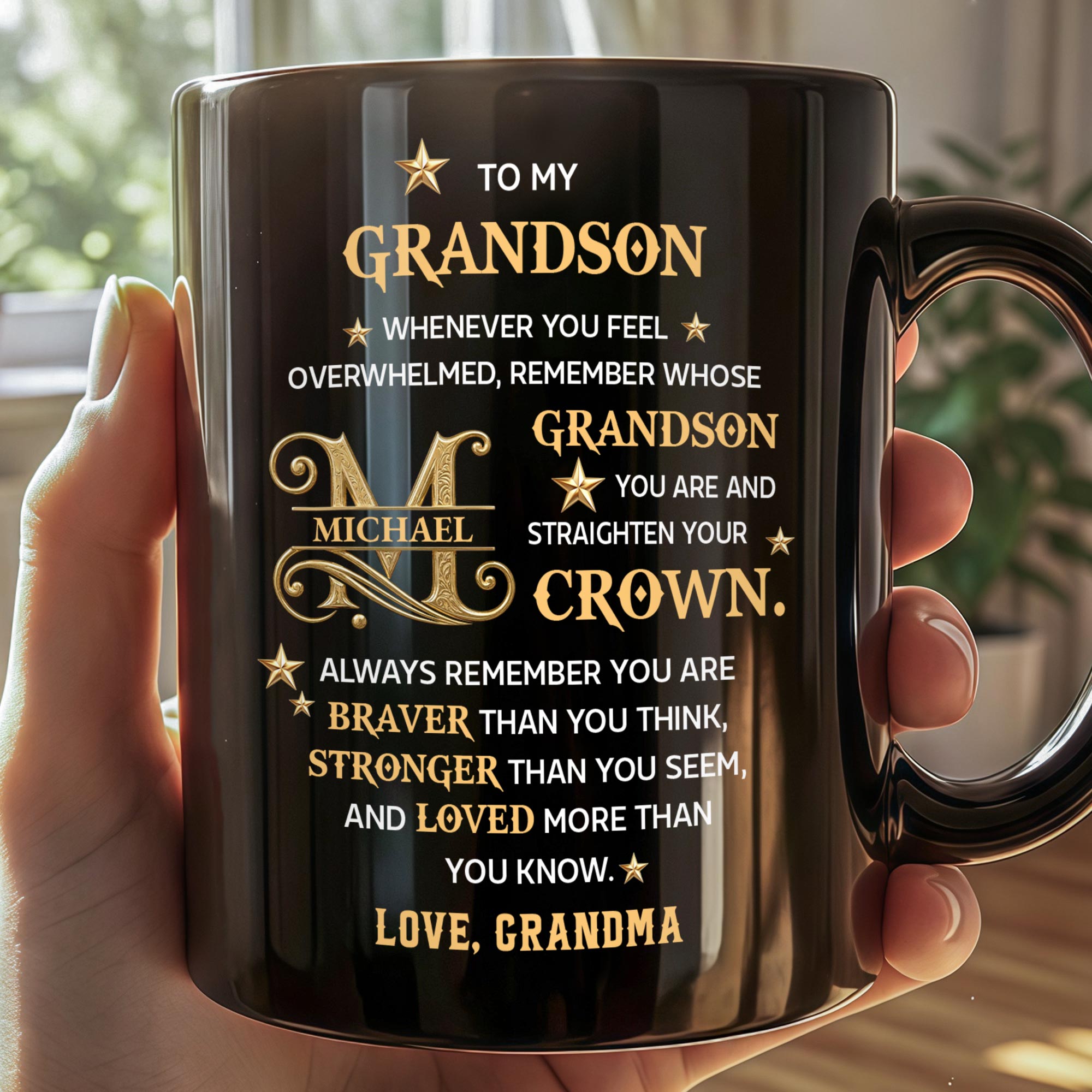 Personalized Black Mug Custom Gift for Grandson with Monogram Stars