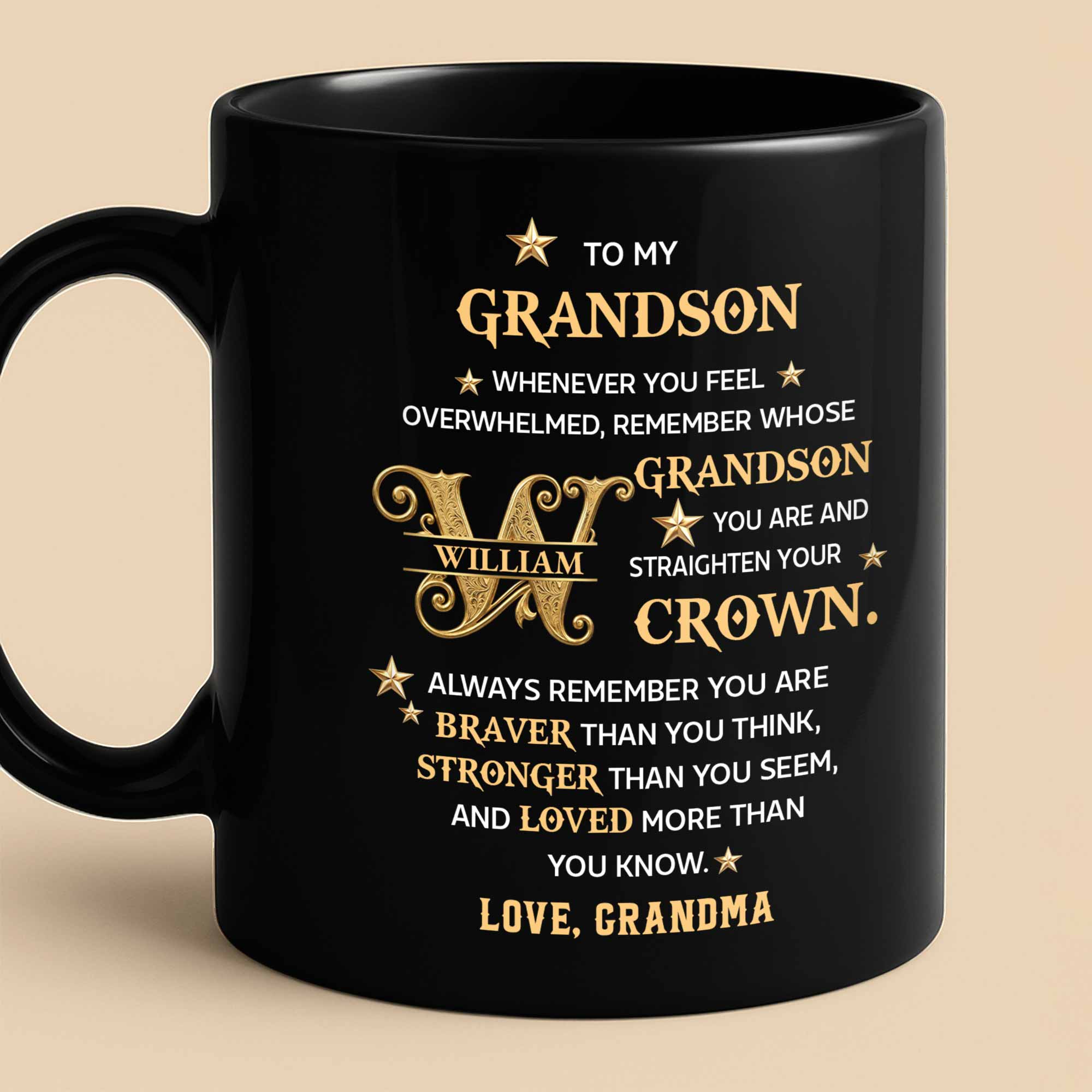 Personalized Black Mug Custom Gift for Grandson with Monogram Stars