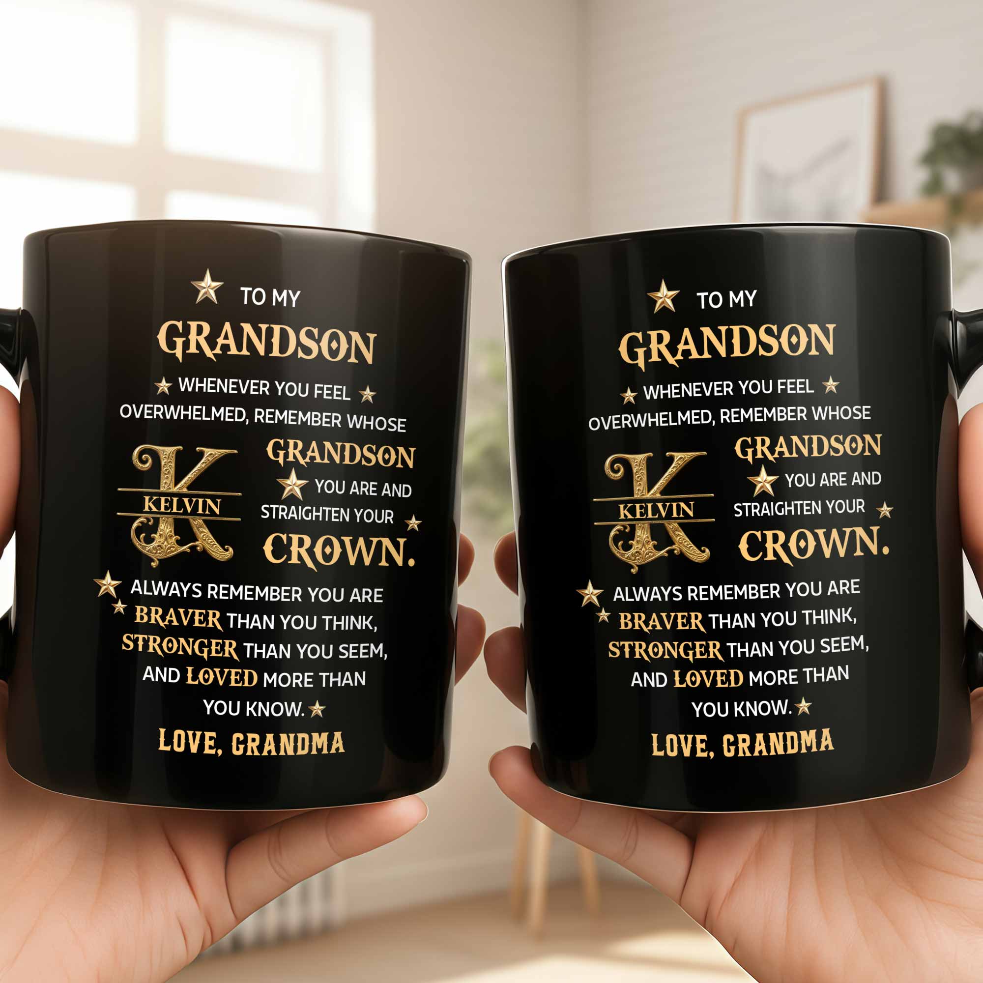 Personalized Black Mug Custom Gift for Grandson with Monogram Stars