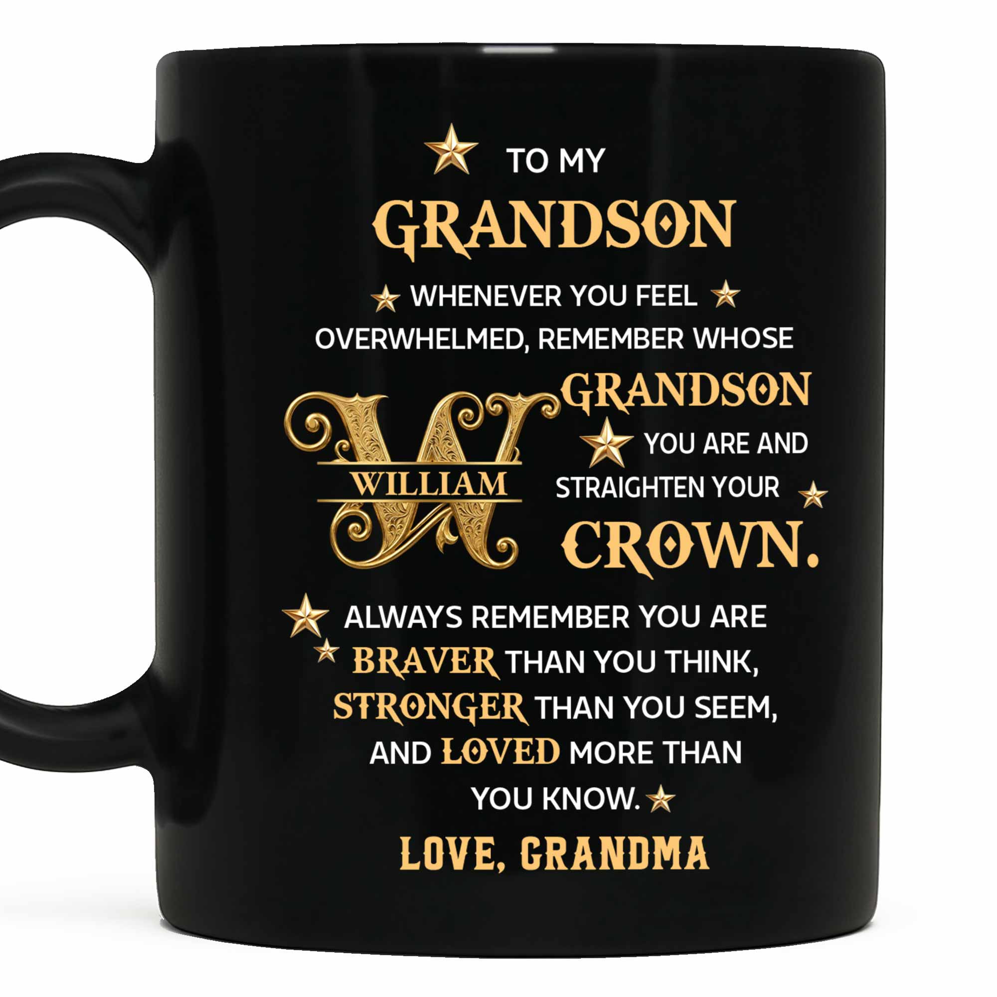 Personalized Black Mug Custom Gift for Grandson with Monogram Stars