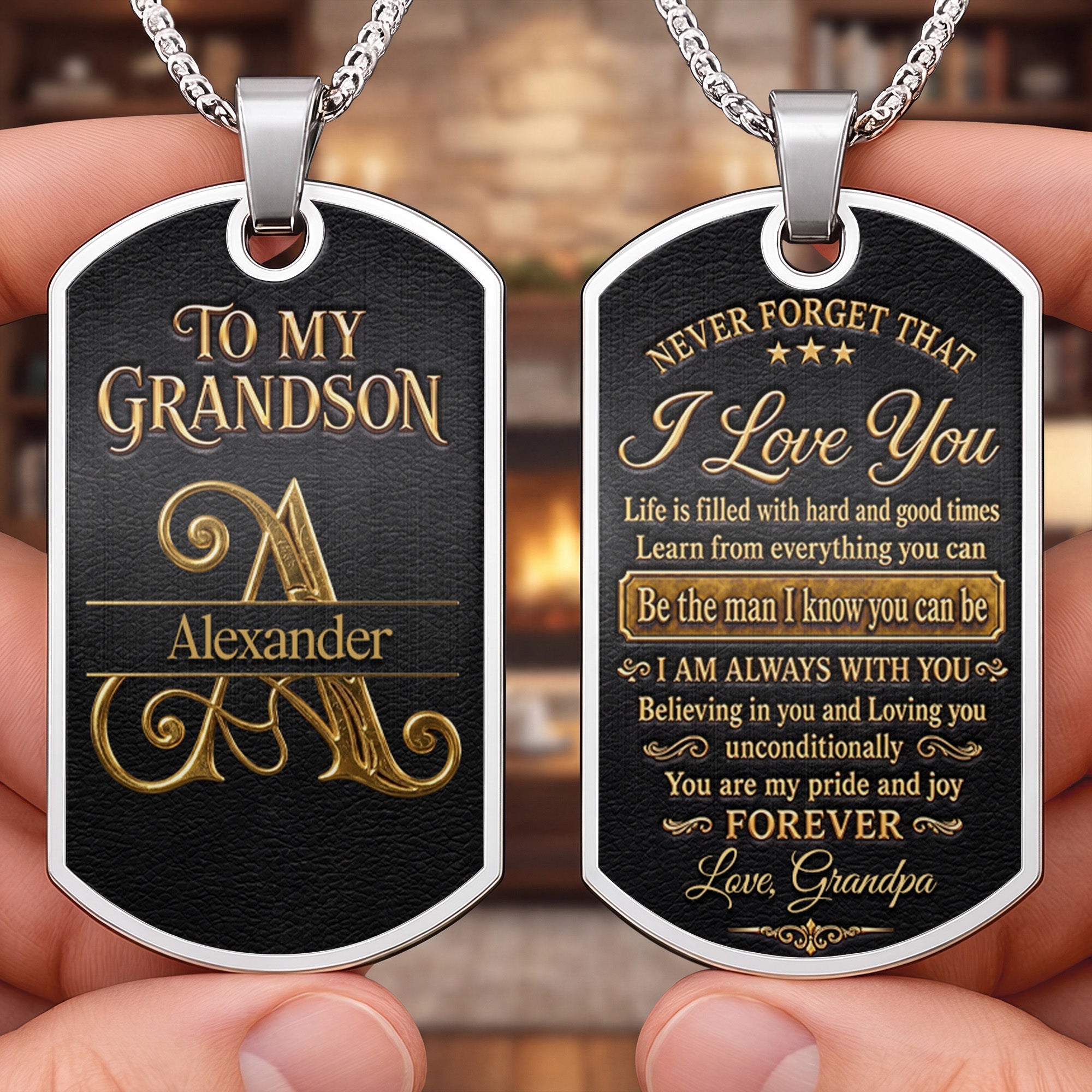 Personalized Dog Tag Necklace Custom Name for Grandson Graduation Gift