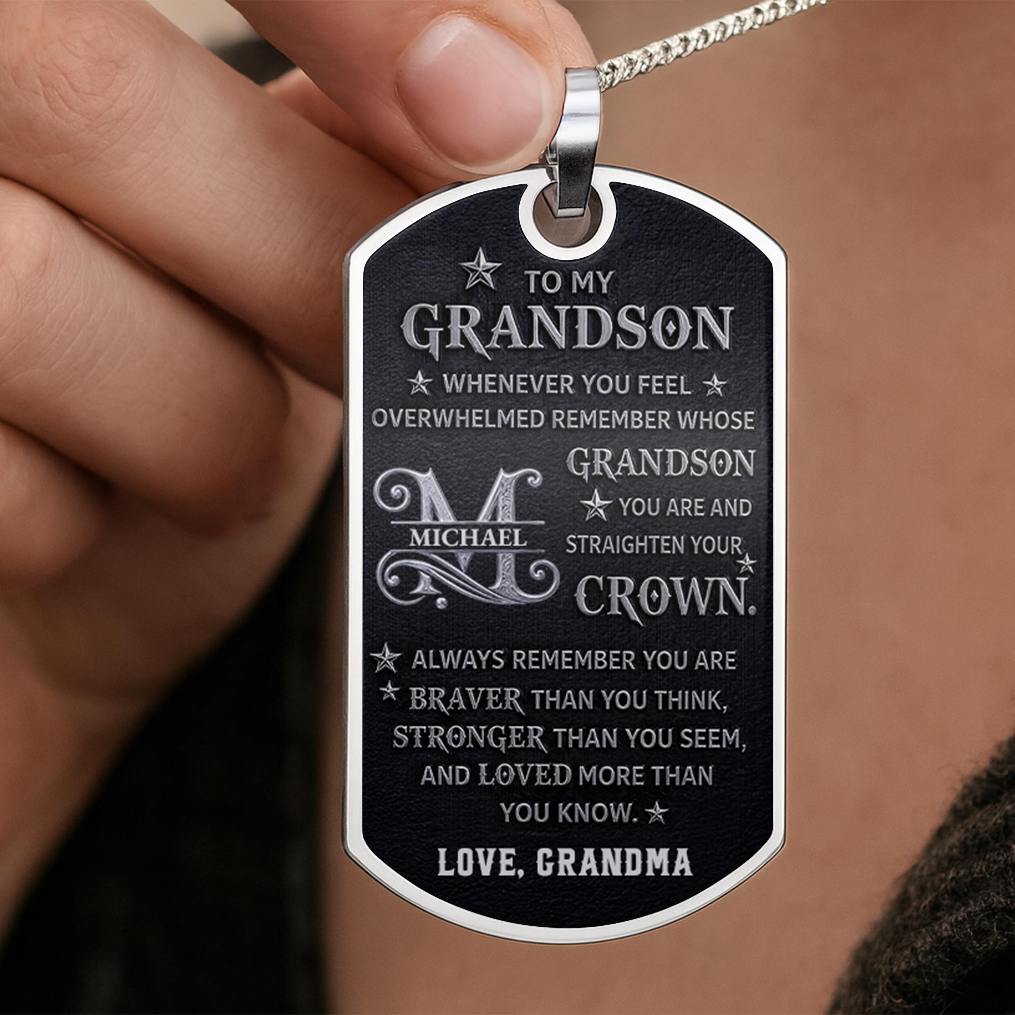 Personalized Stainless Steel Dog Tag Necklace for Grandson