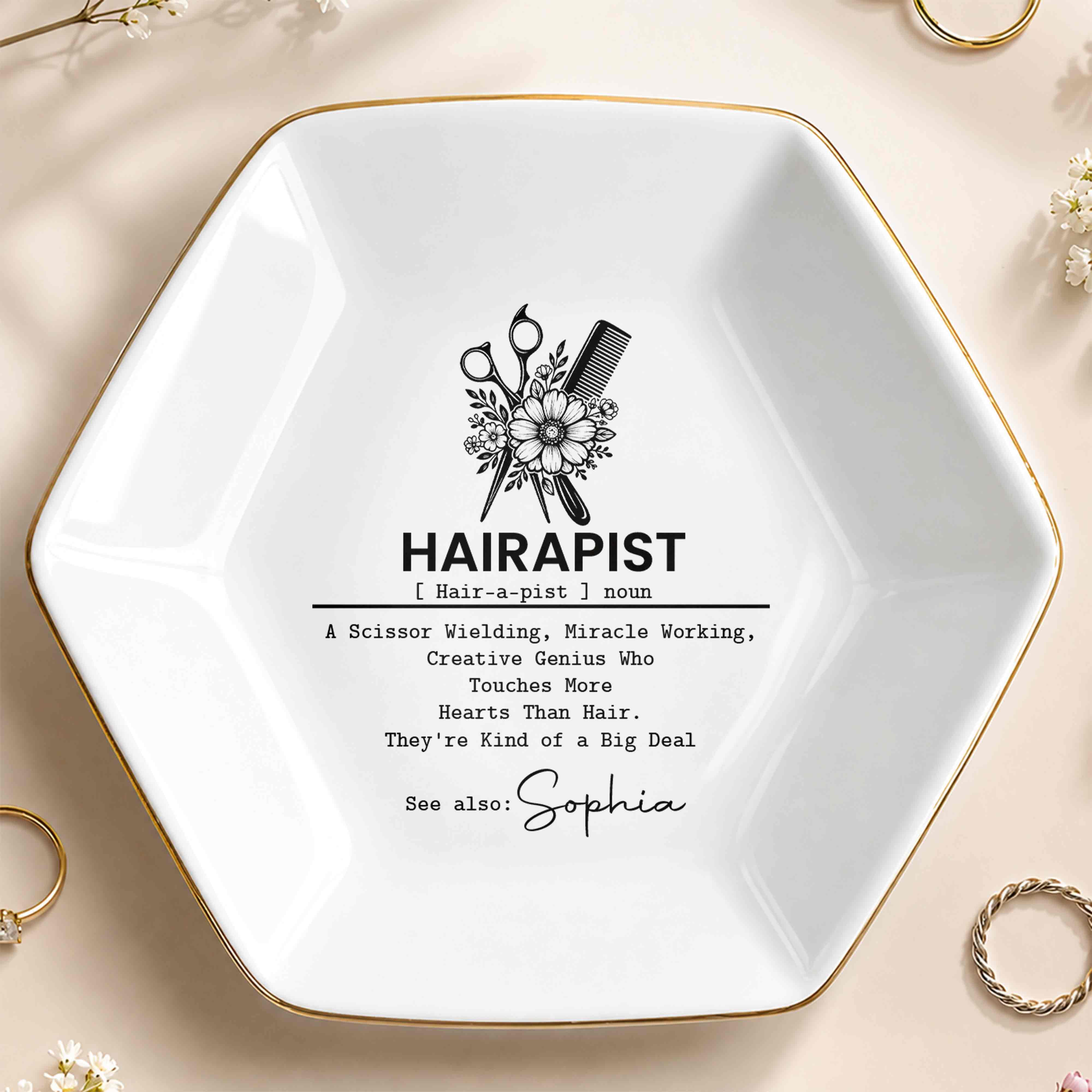 Personalized Hexagonal Ceramic Jewelry Dish Custom Name Gift for Hairstylist