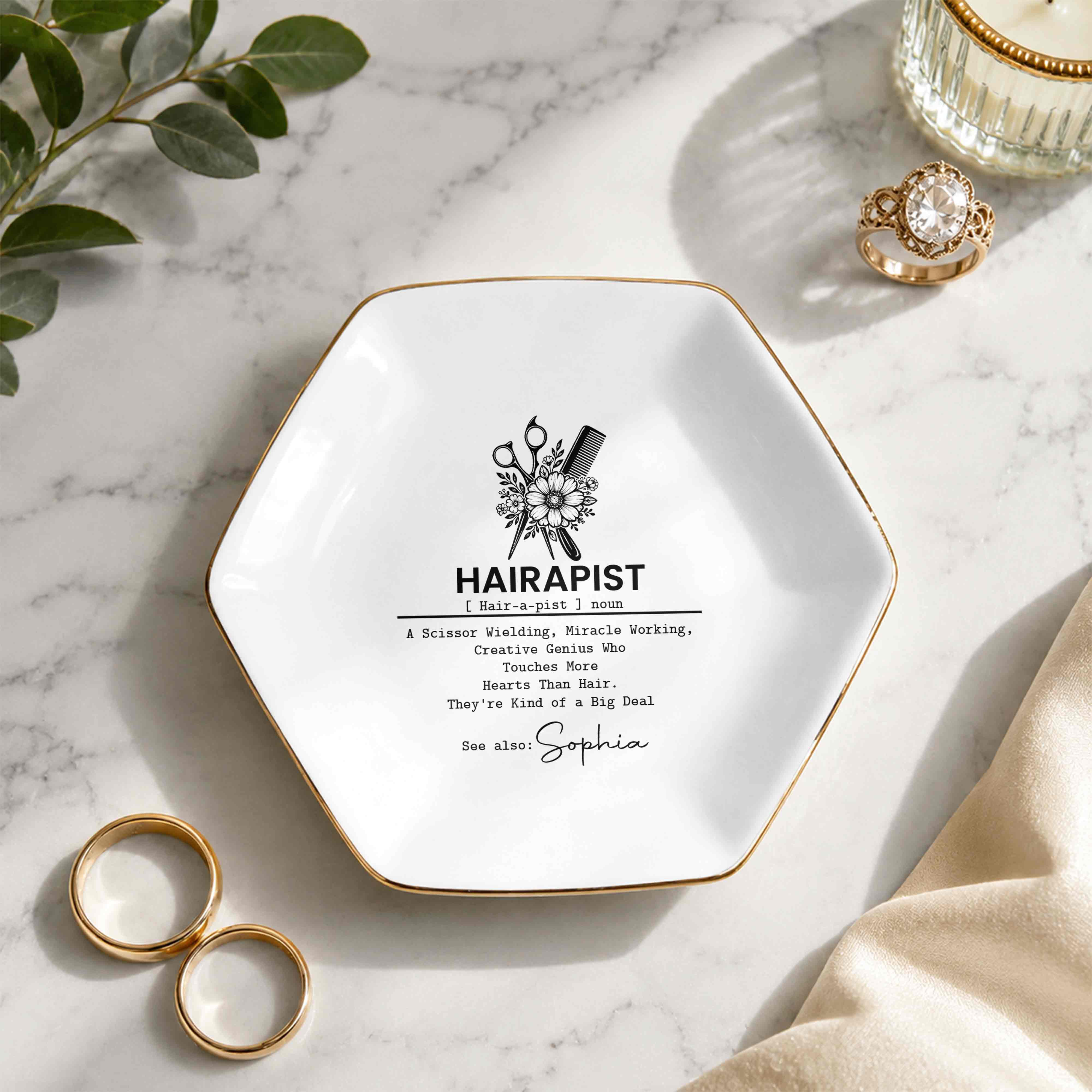 Personalized Hexagonal Ceramic Jewelry Dish Custom Name Gift for Hairstylist