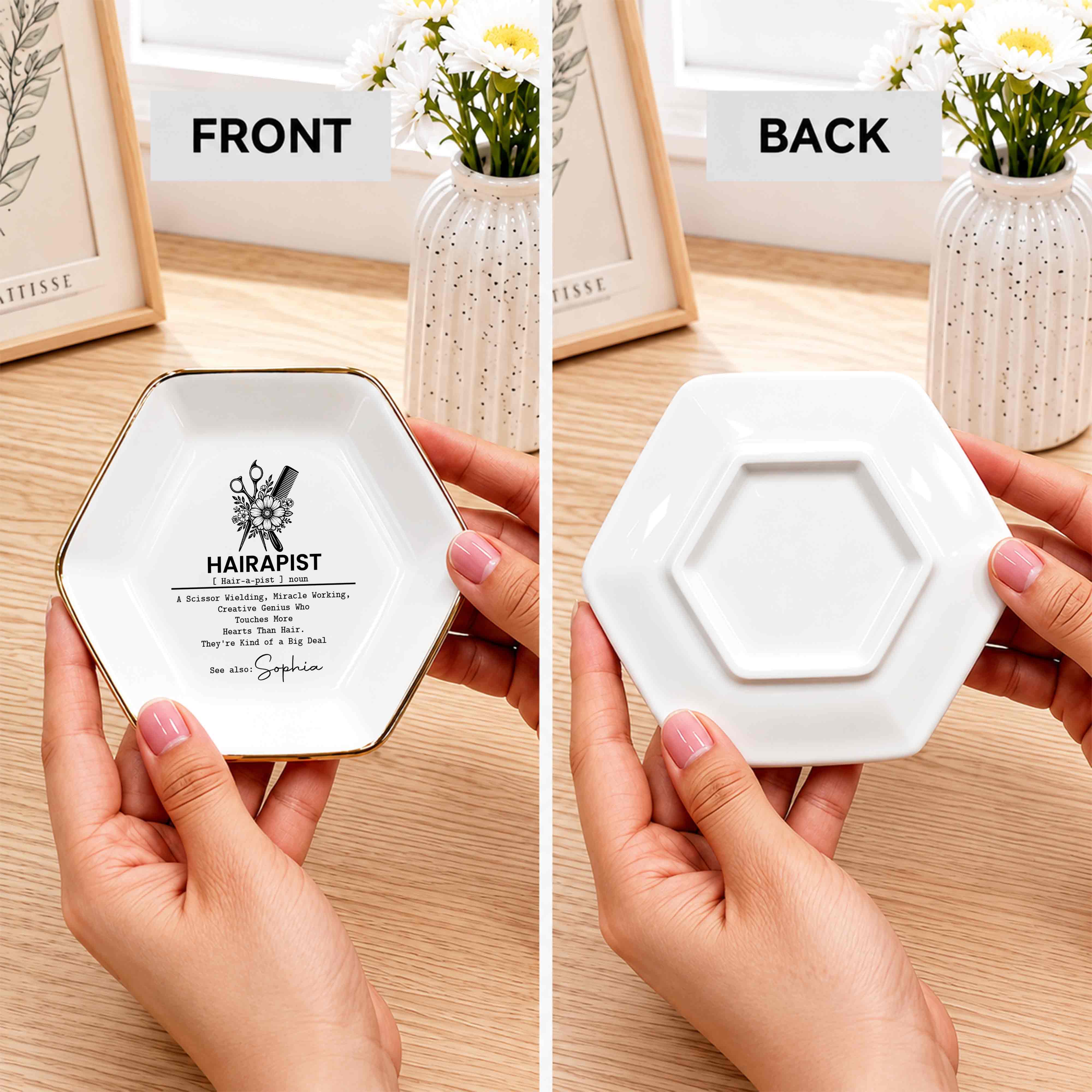 Personalized Hexagonal Ceramic Jewelry Dish Custom Name Gift for Hairstylist