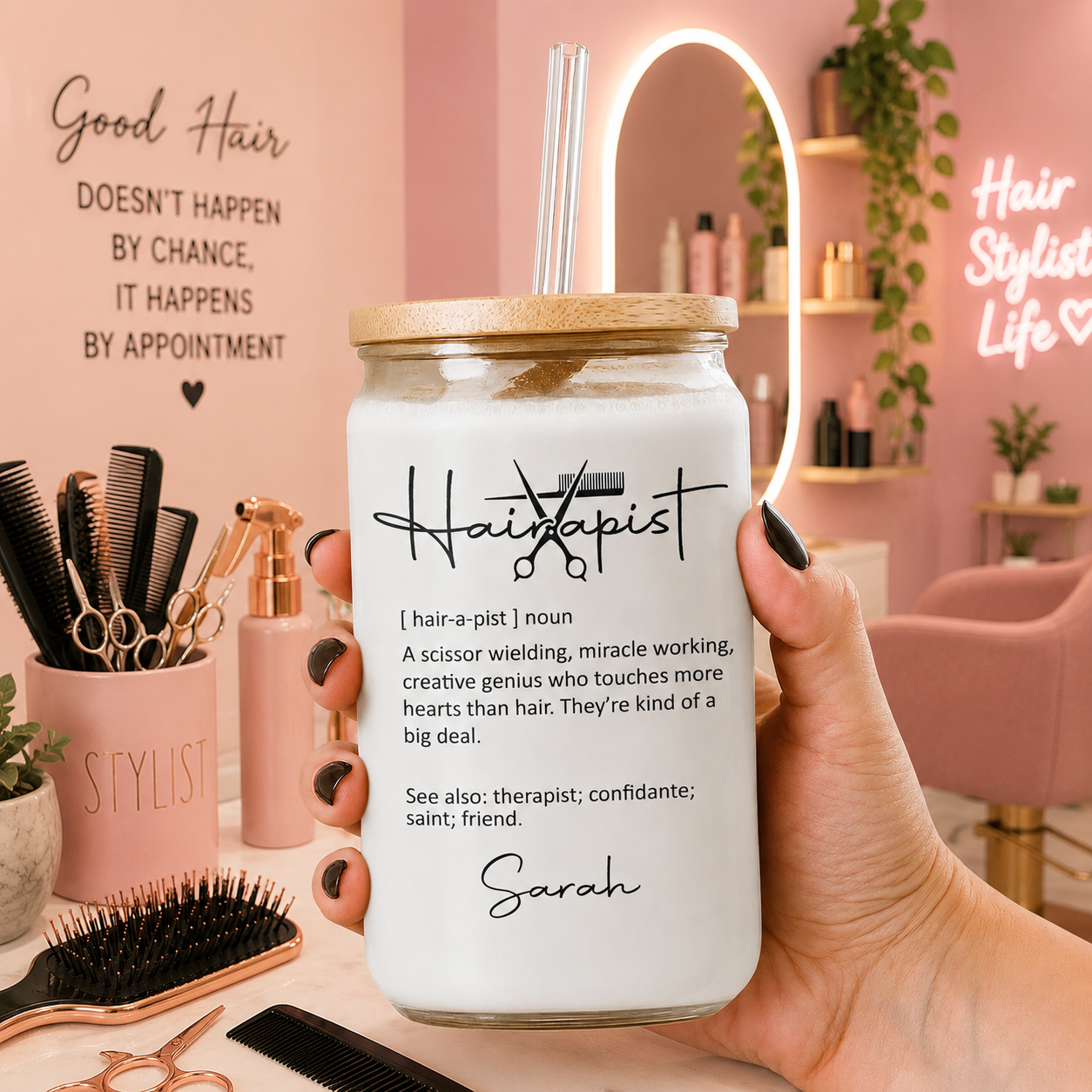 Personalized Clear Glass Can with Lid for Hairstylist Gift