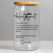 Load image into Gallery viewer, Personalized Clear Glass Can with Lid for Hairstylist Gift
