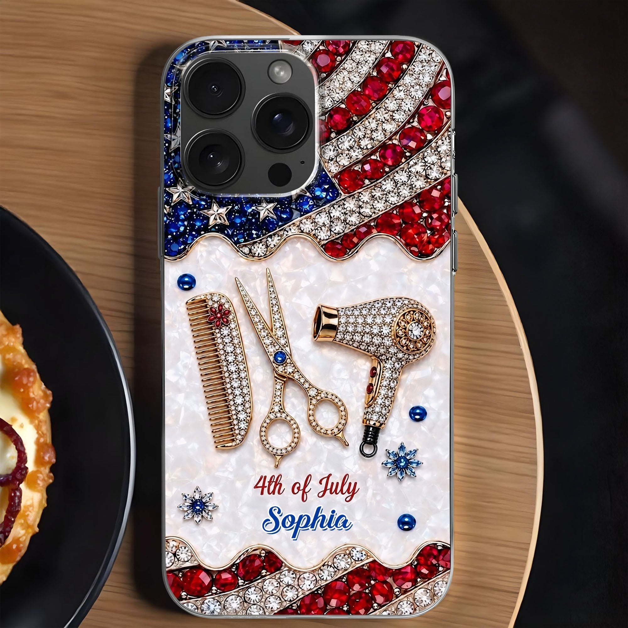 Personalized 4th of July Clear Phone Case with American Flag for Hair Stylist