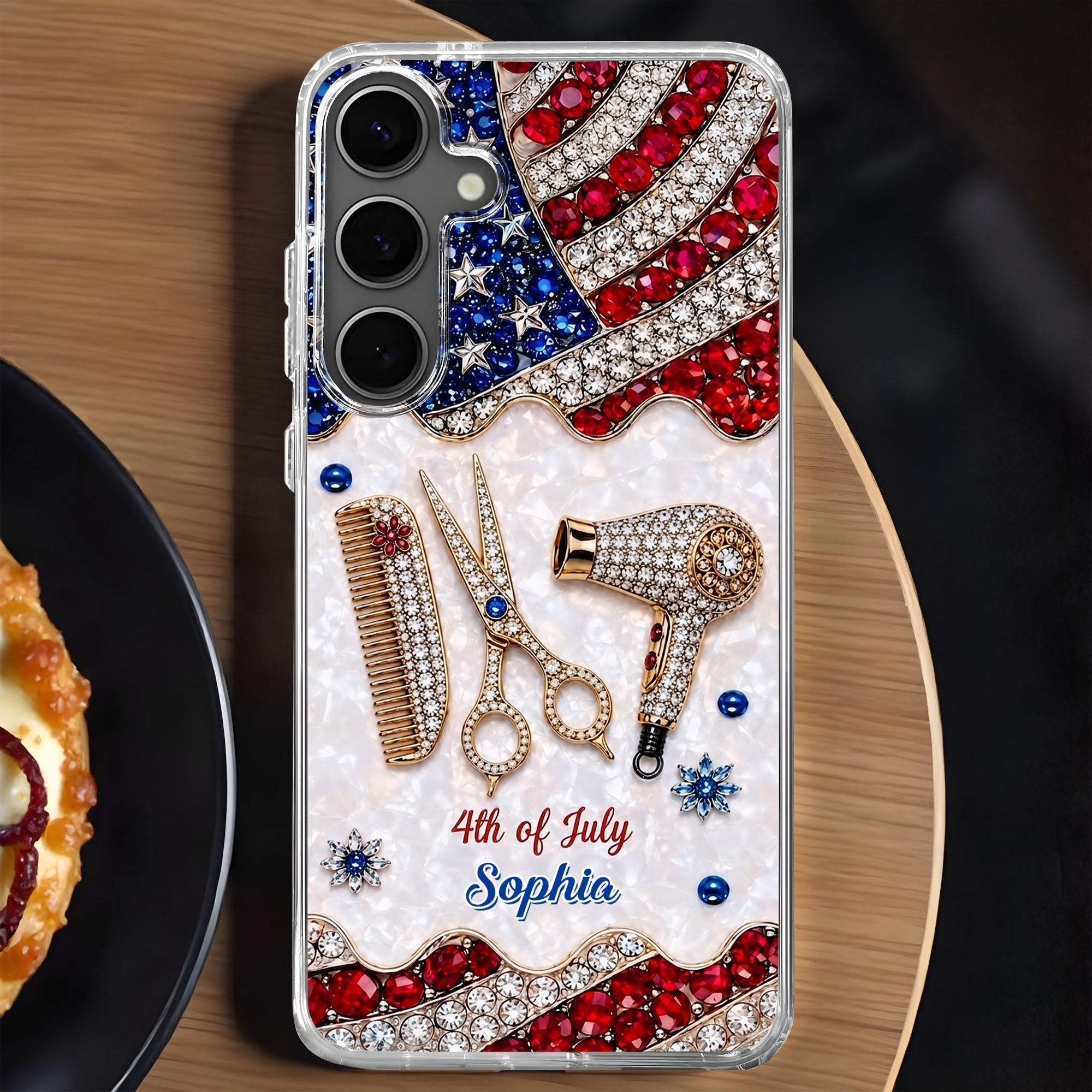 Personalized 4th of July Clear Phone Case with American Flag for Hair Stylist