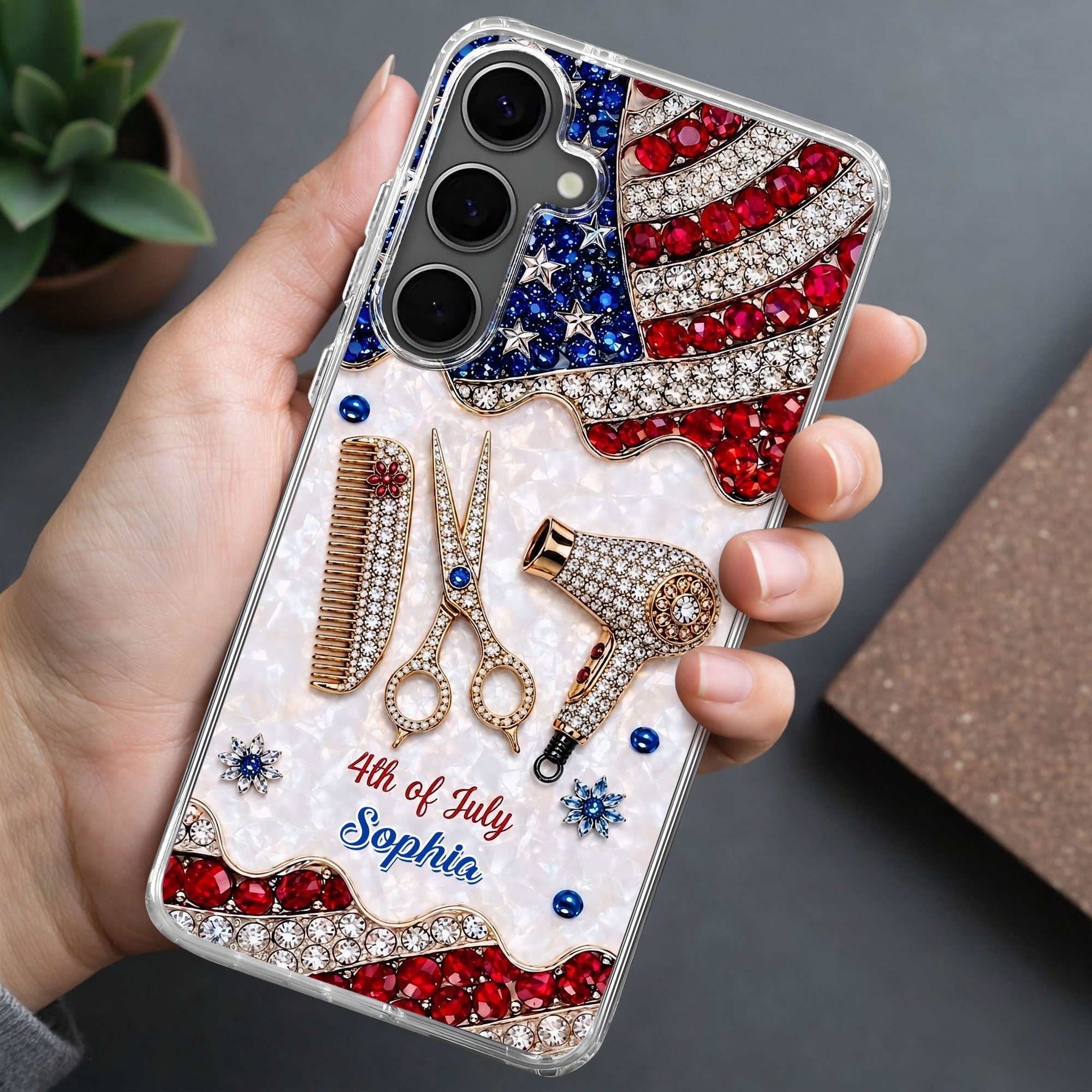 Personalized 4th of July Clear Phone Case with American Flag for Hair Stylist