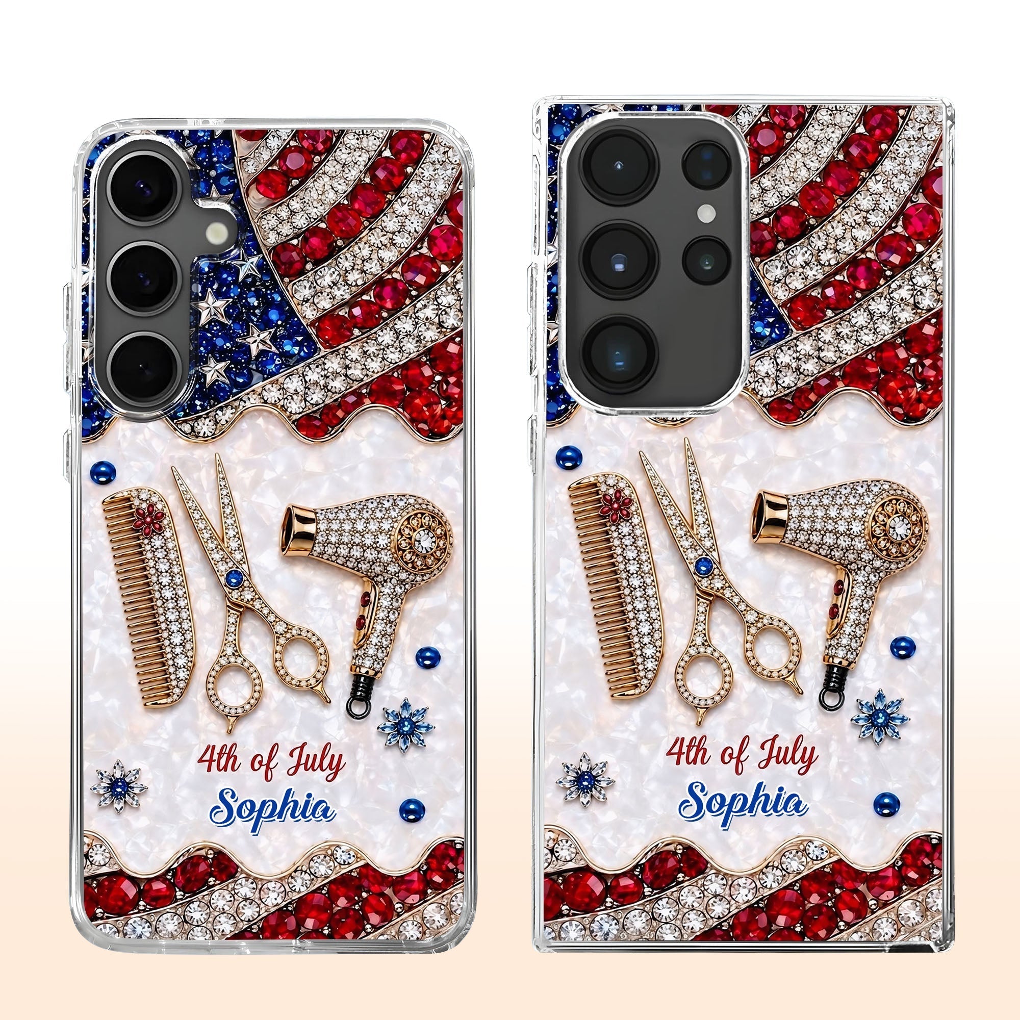 Personalized 4th of July Clear Phone Case with American Flag for Hair Stylist