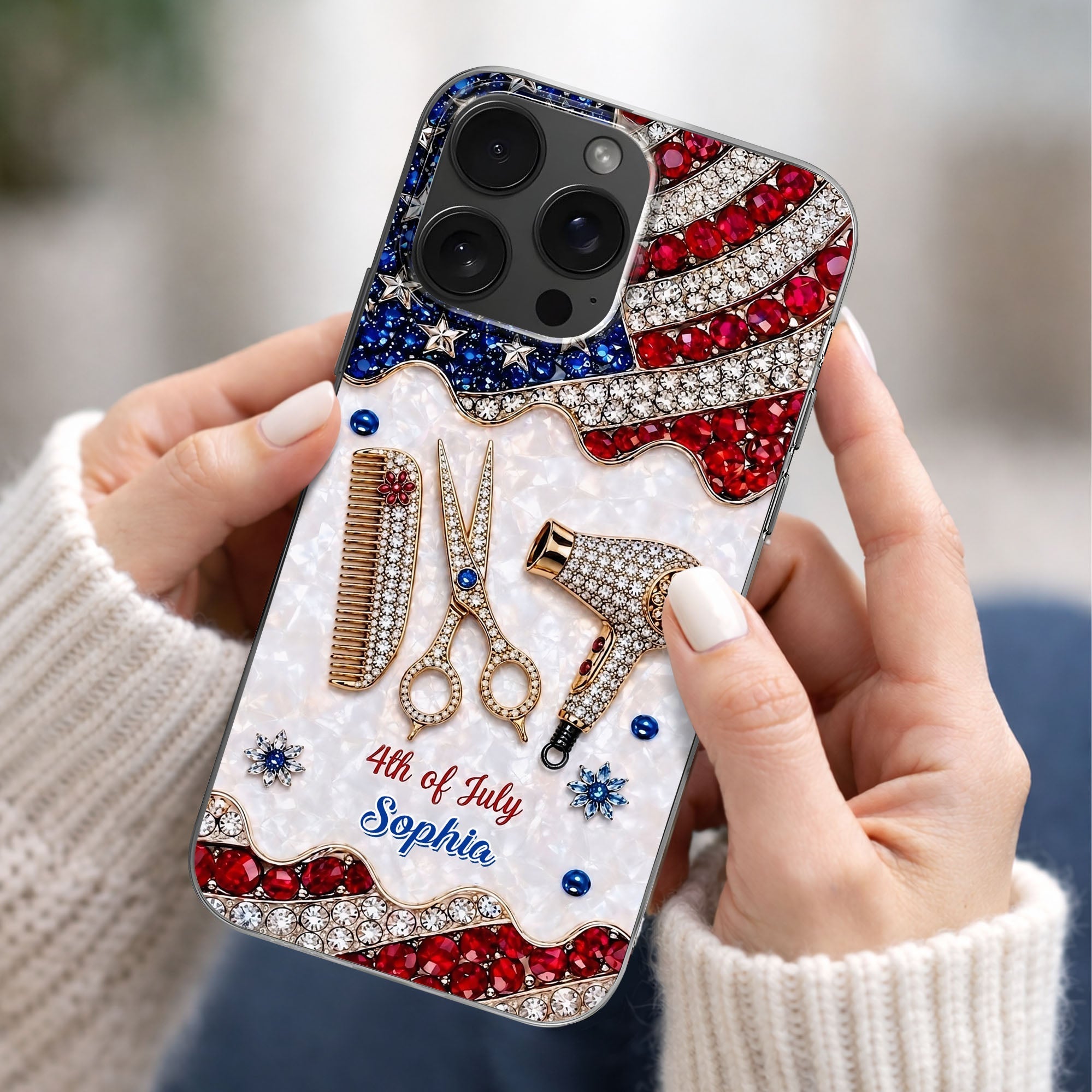 Personalized 4th of July Clear Phone Case with American Flag for Hair Stylist