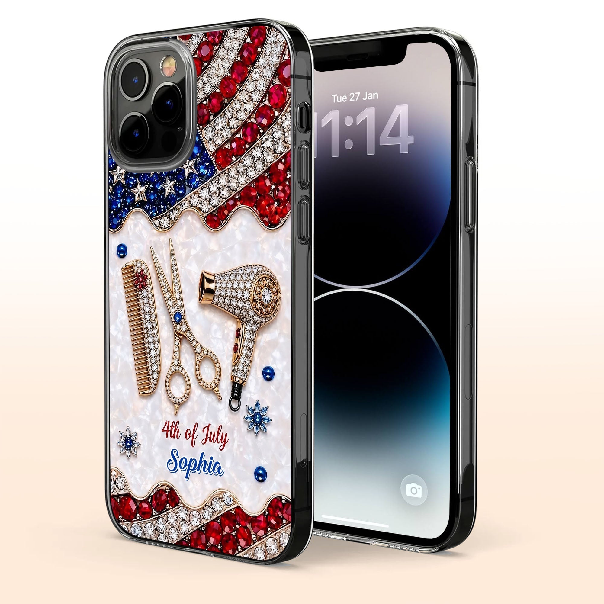 Personalized 4th of July Clear Phone Case with American Flag for Hair Stylist