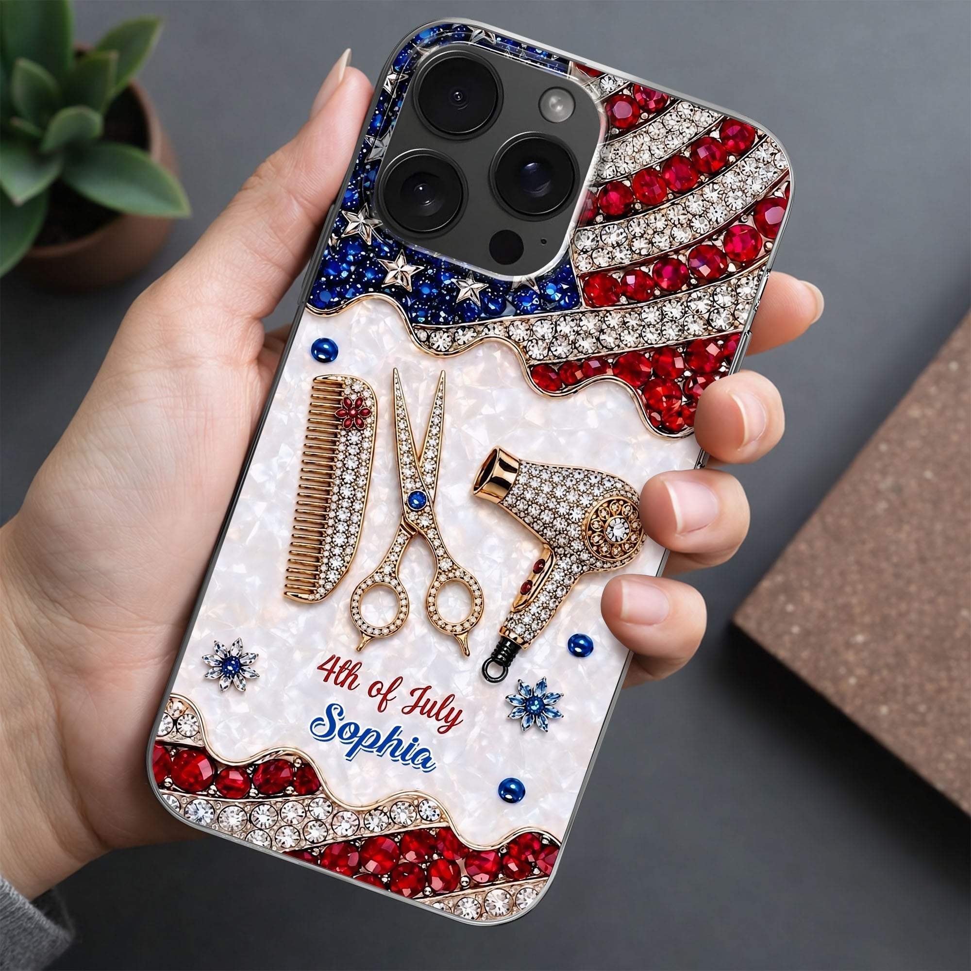 Personalized 4th of July Clear Phone Case with American Flag for Hair Stylist