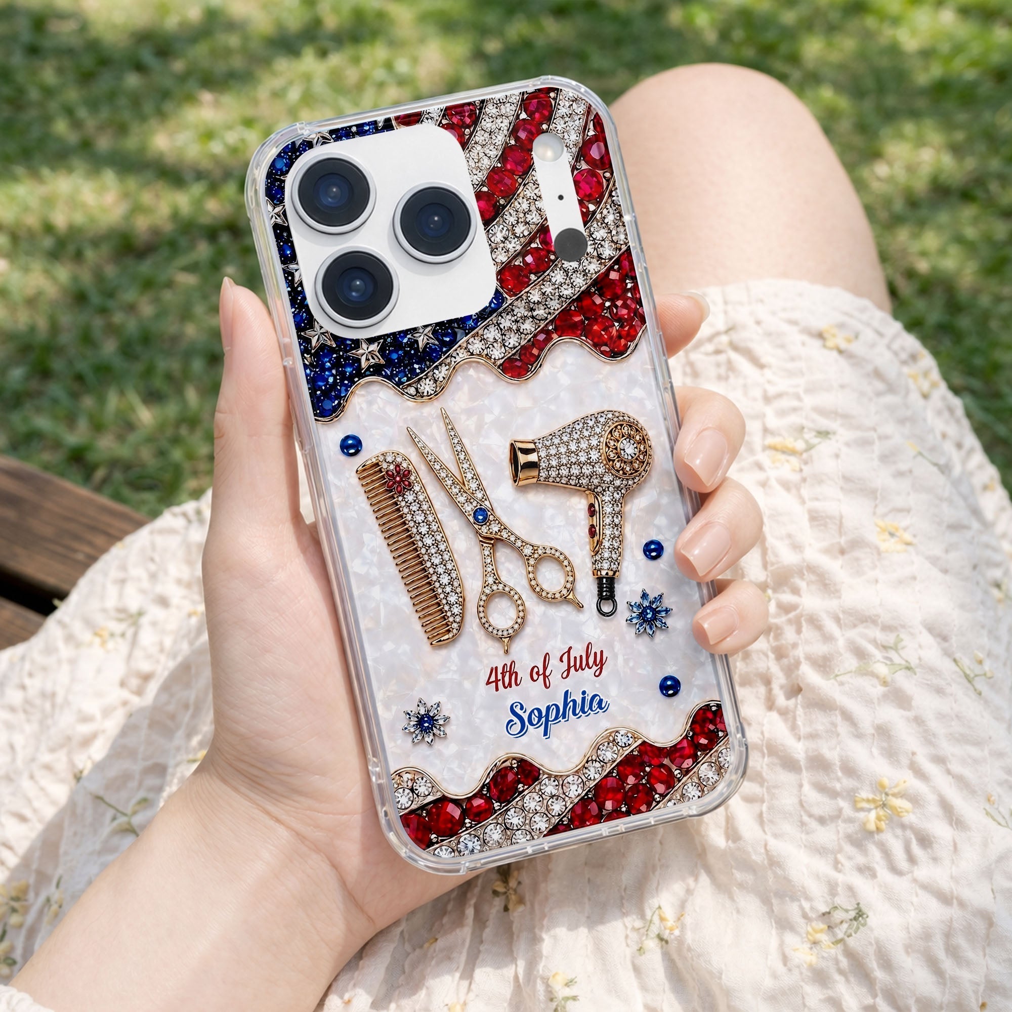 Personalized 4th of July Clear Phone Case with American Flag for Hair Stylist