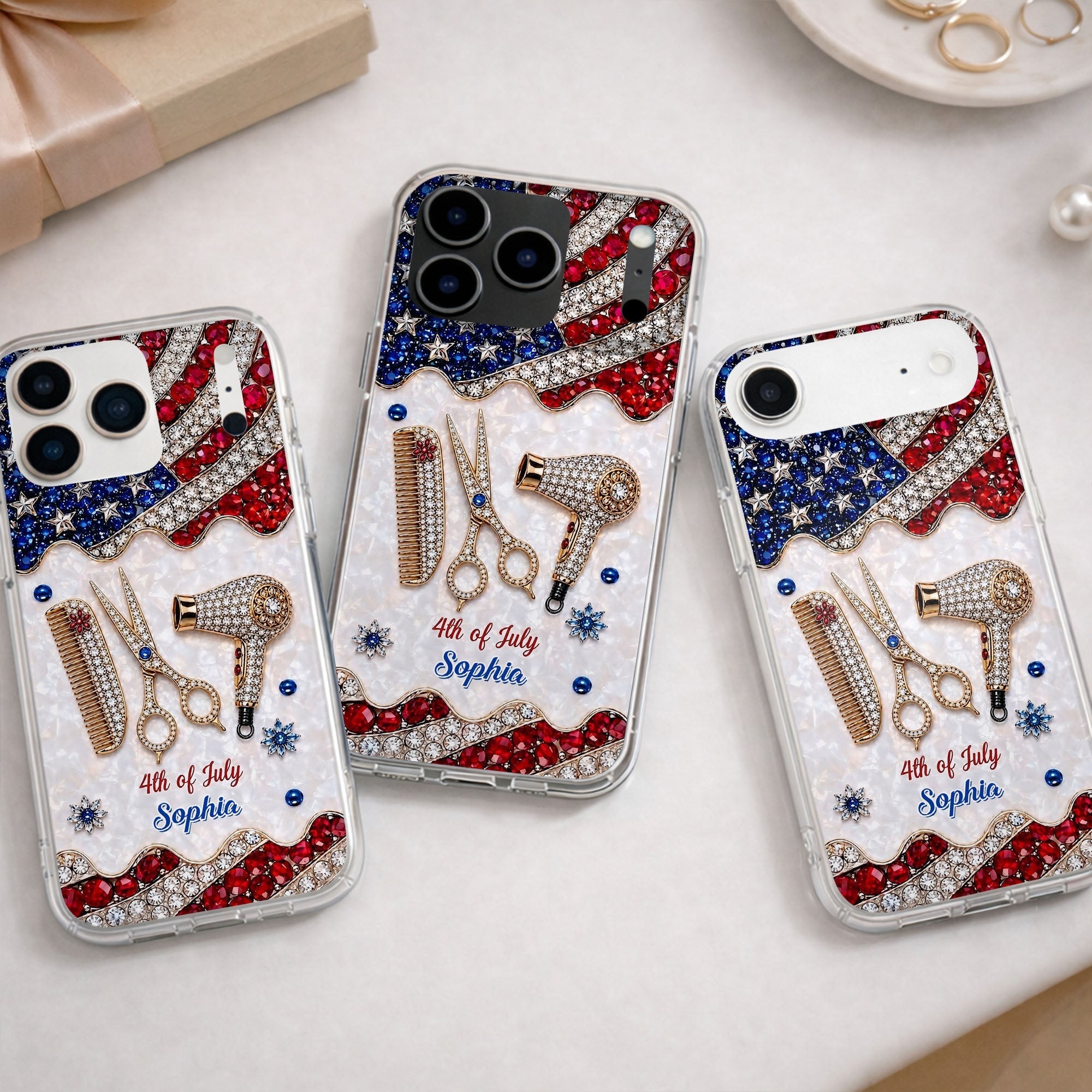 Personalized 4th of July Clear Phone Case with American Flag for Hair Stylist