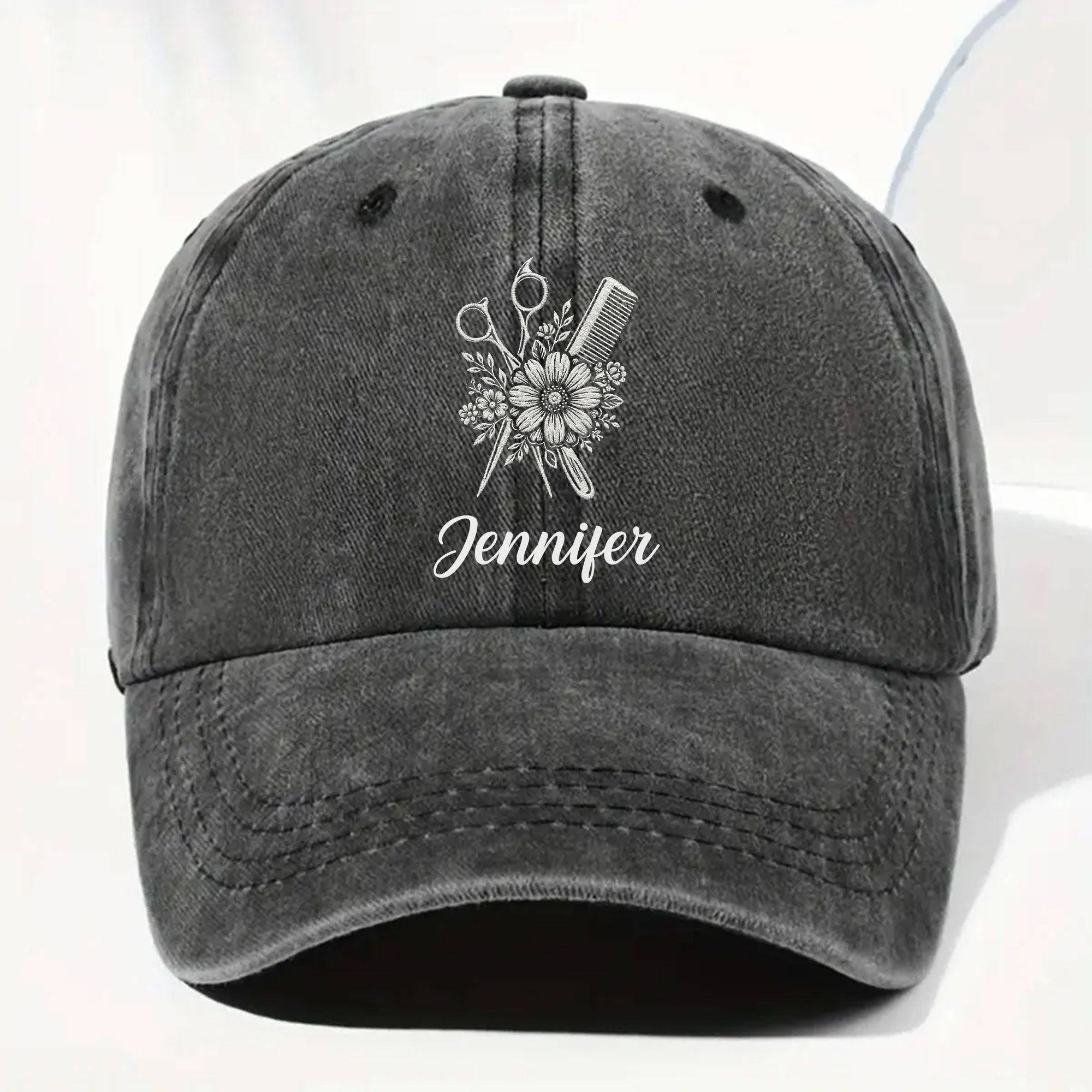 Personalized Washed Denim Cap Flower Scissors Gift for Hairstylist