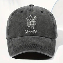 Load image into Gallery viewer, Personalized Washed Denim Cap Flower Scissors Gift for Hairstylist
