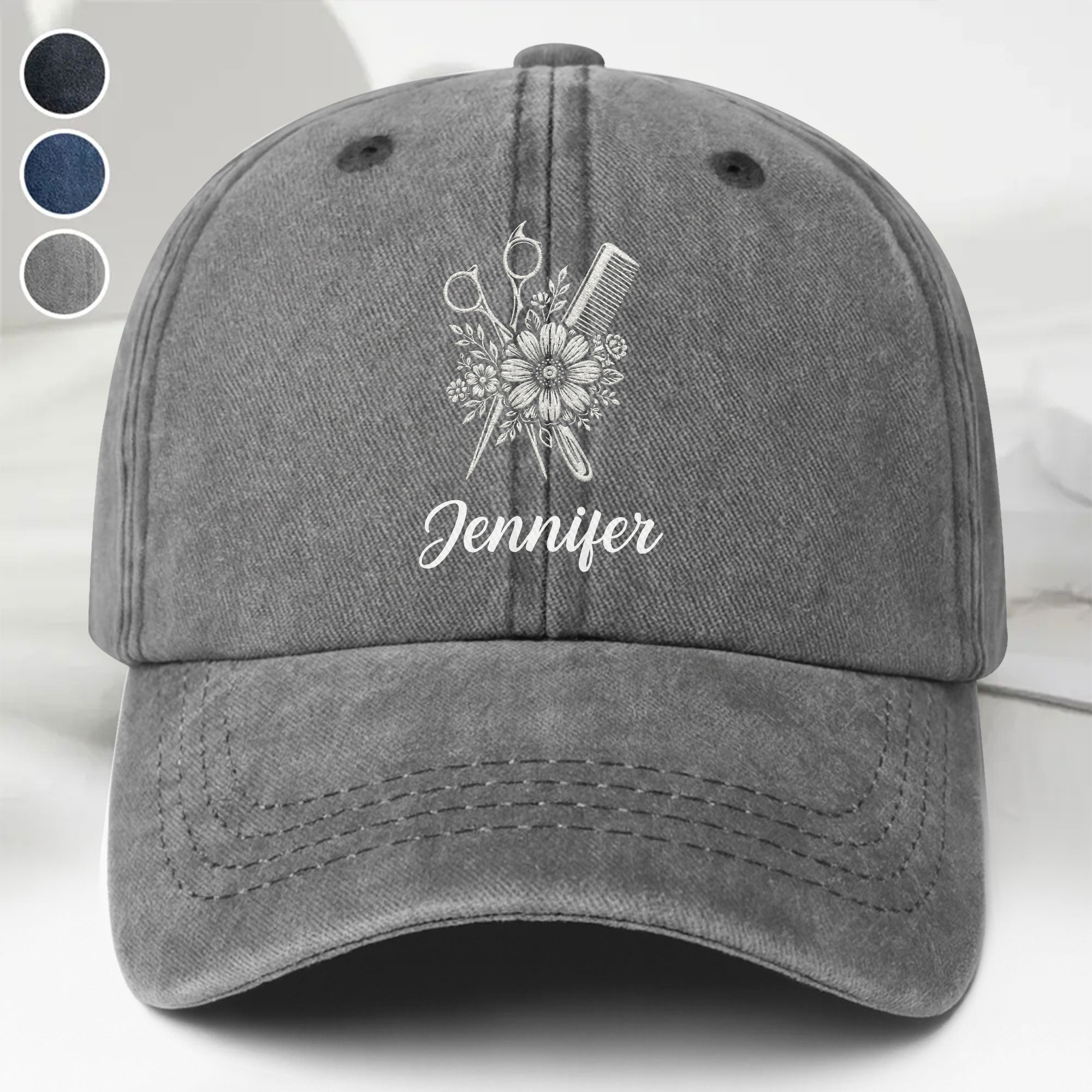 Personalized Washed Denim Cap Flower Scissors Gift for Hairstylist