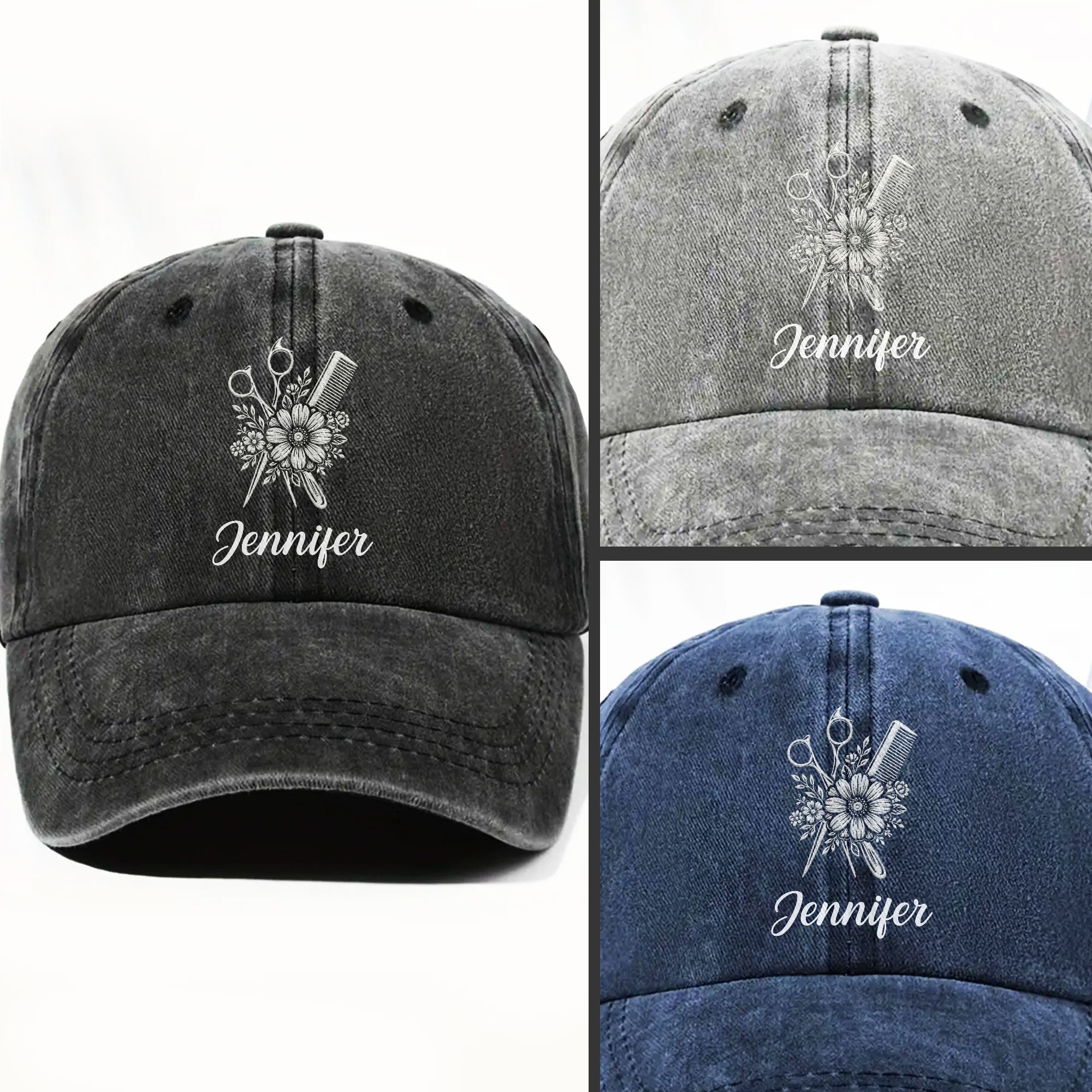 Personalized Washed Denim Cap Flower Scissors Gift for Hairstylist