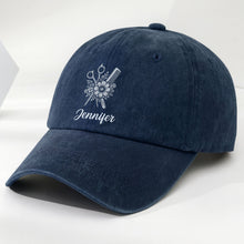 Load image into Gallery viewer, Personalized Washed Denim Cap Flower Scissors Gift for Hairstylist
